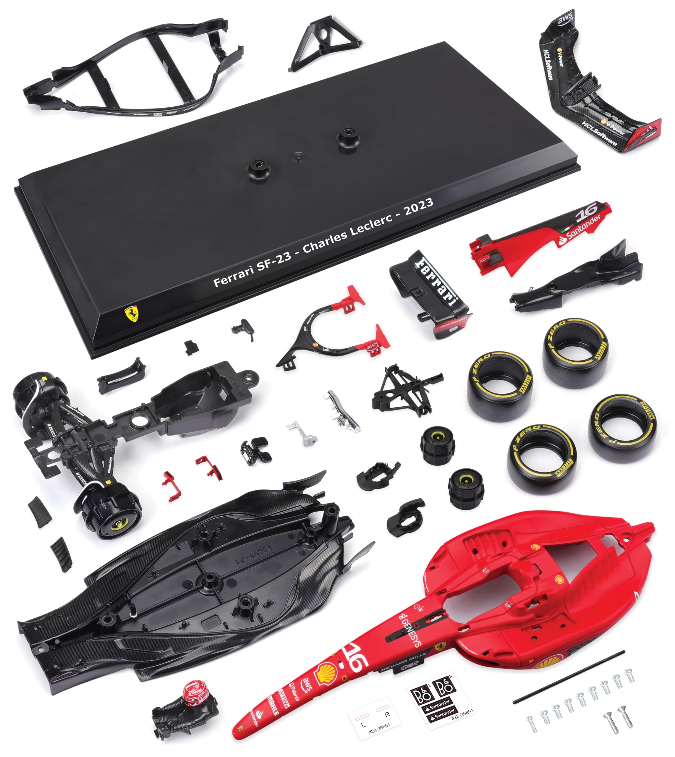 Bburago Formel 1 KIT Ferrari SF23 (2023): Modellauto Bausatz im Maßstab 1:24, 45-teilig, von Fahrer #16 Charles Leclerc, Window Box, 27cm, schwarz-rot (18-26851)