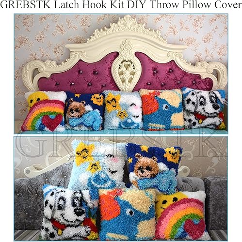 Miniatura 12 de GREBSTK Kit de gancho de pestillo, funda de cojín para sofá, diseño de sol y arco iris, punto de cruz, 16 x 16 pulgadas Rojo,Blanco