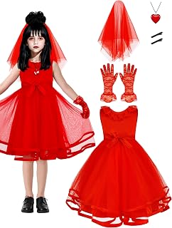 RUODON Girls Red Bride Halloween Costume Red Wedding Dress Up with Tulle Veil Gloves Necklace Accessories