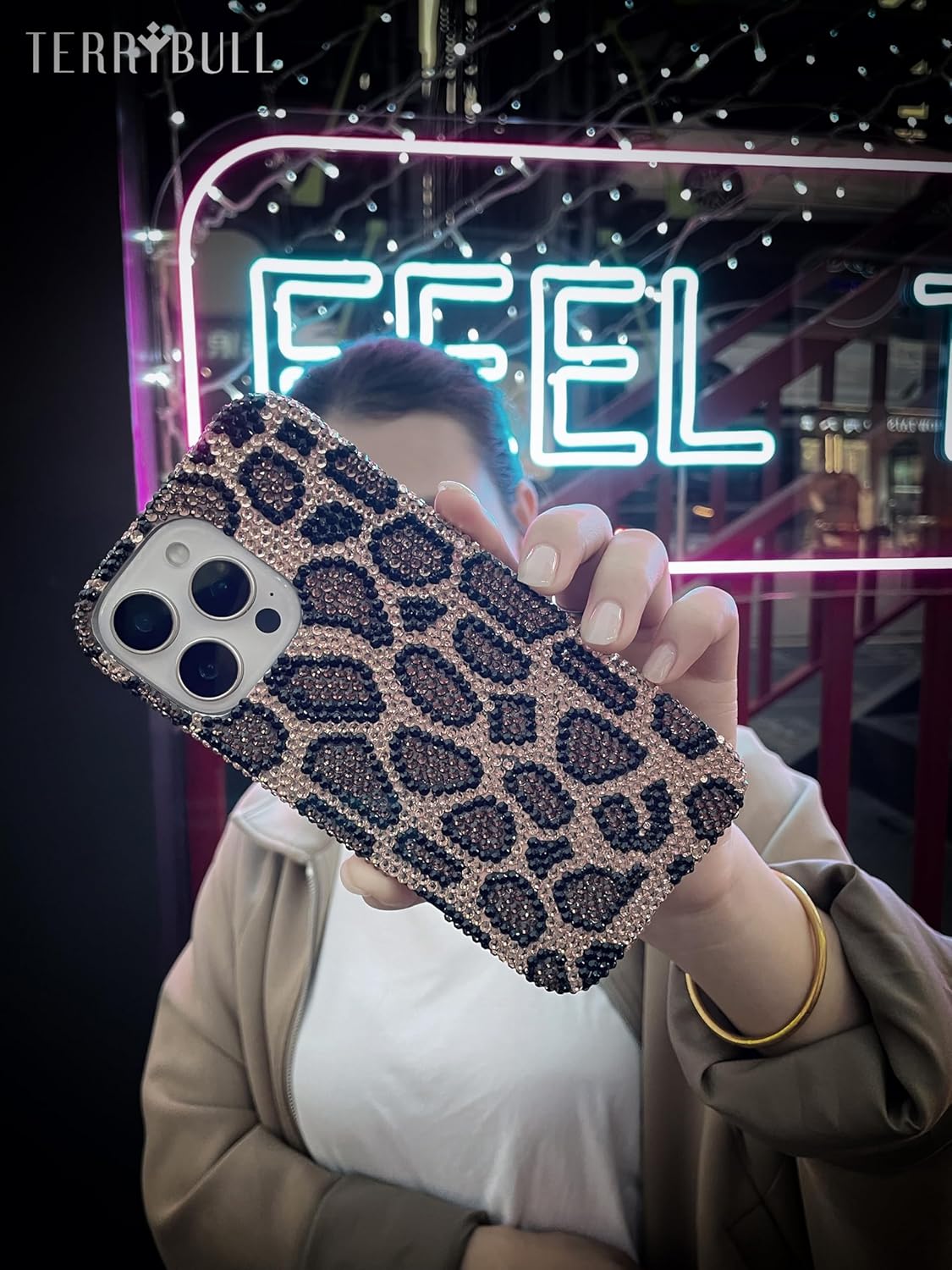 Sparkling Bling Crystal Diamond Women's Fashion Phone Case for Apple iPhone with Full-Body Shockproof&Drop Protection (Leopard,Compatible with iPhone 15 Pro Max Case)