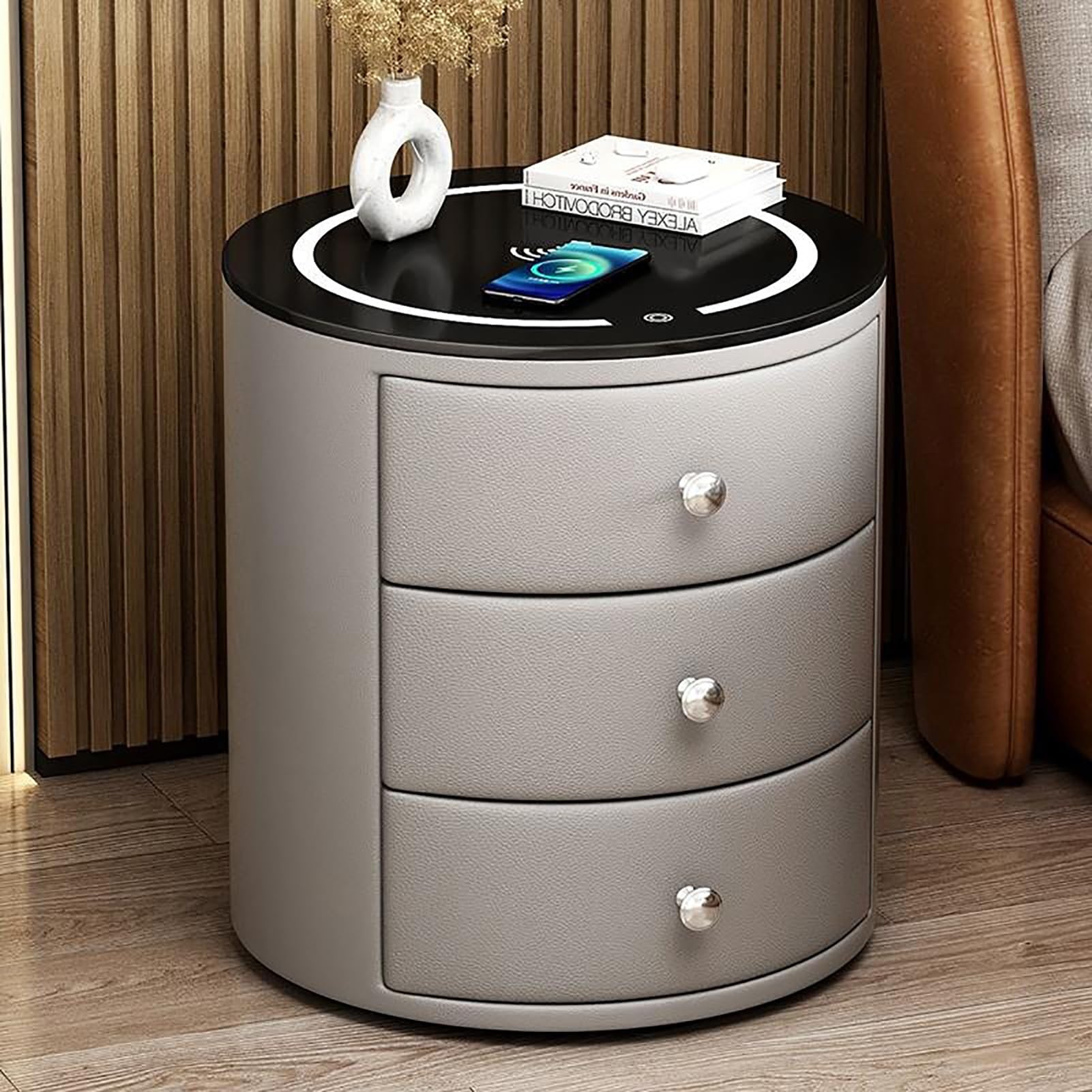 WOLWES Intelligenter Nachtkästchen mit Ladefunktion, Nachttisch Dimmbar mit 2 oder 3 Schublade, Nachttisch Boxspringbett für Schlafzimmer Wohnzimmer (Color : Grau, Size : 3 Drawers) Küche, Haushalt & Wohnen