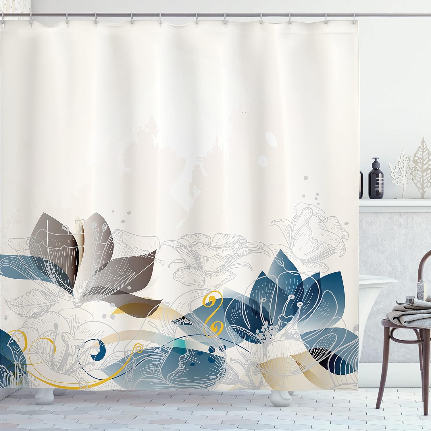 Ambesonne Flower Shower Curtain, Retro Floral Background Hibiscus Silhouettes Dramatic Romantic Nature Art, Cloth Fabric Bathroom Decor Set with Hooks, 69" W x 75" L, Petrol Blue