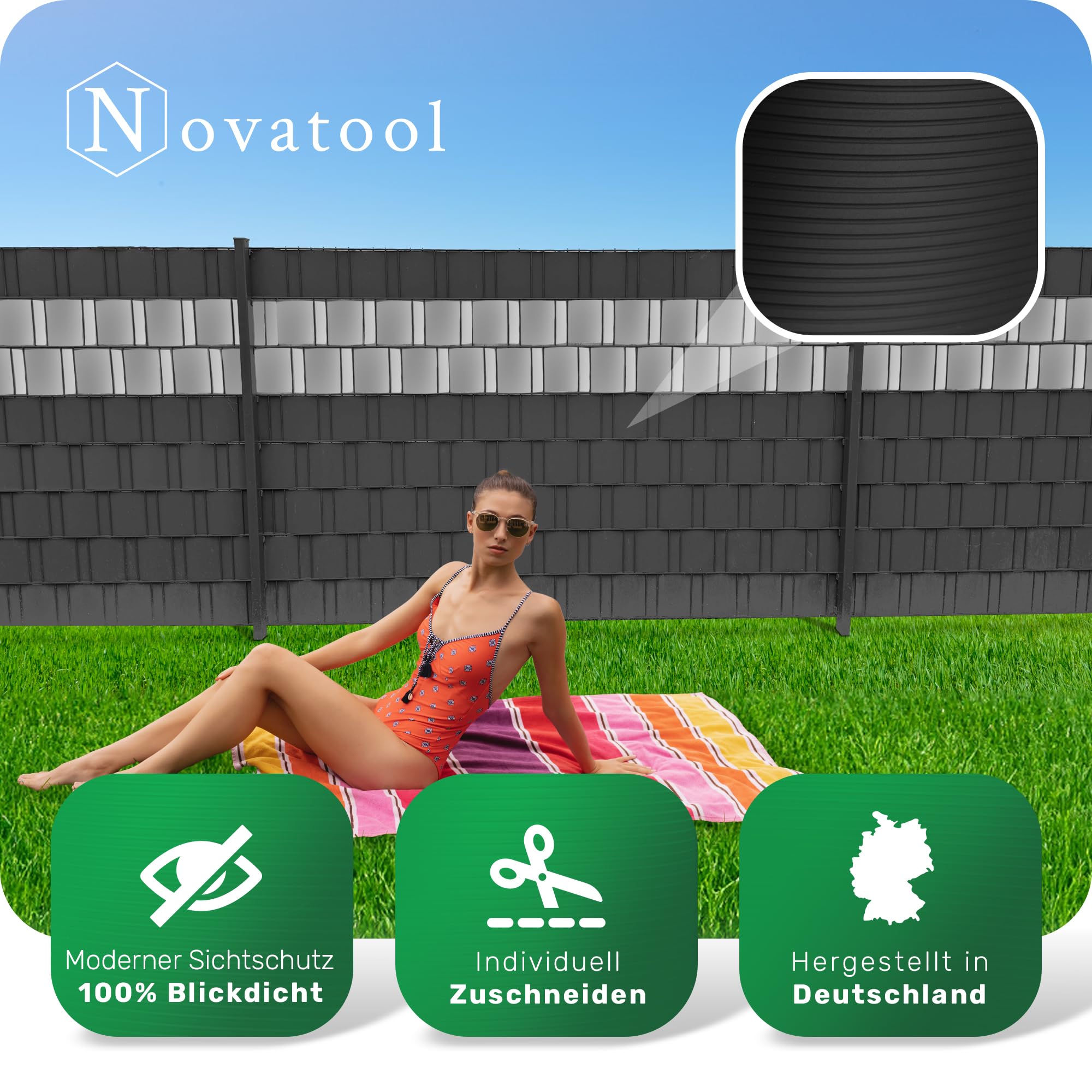 Novatool 25m Rolle PP Premium Sichtschutzstreifen für Doppelstabmatten ANTHRAZIT RAL 7016-19 cm für 10 Reihen Stabmattenzaun Sichtschutzstreifen GRAU mit Rillen Zaunelemente Sichtschutz Qualität