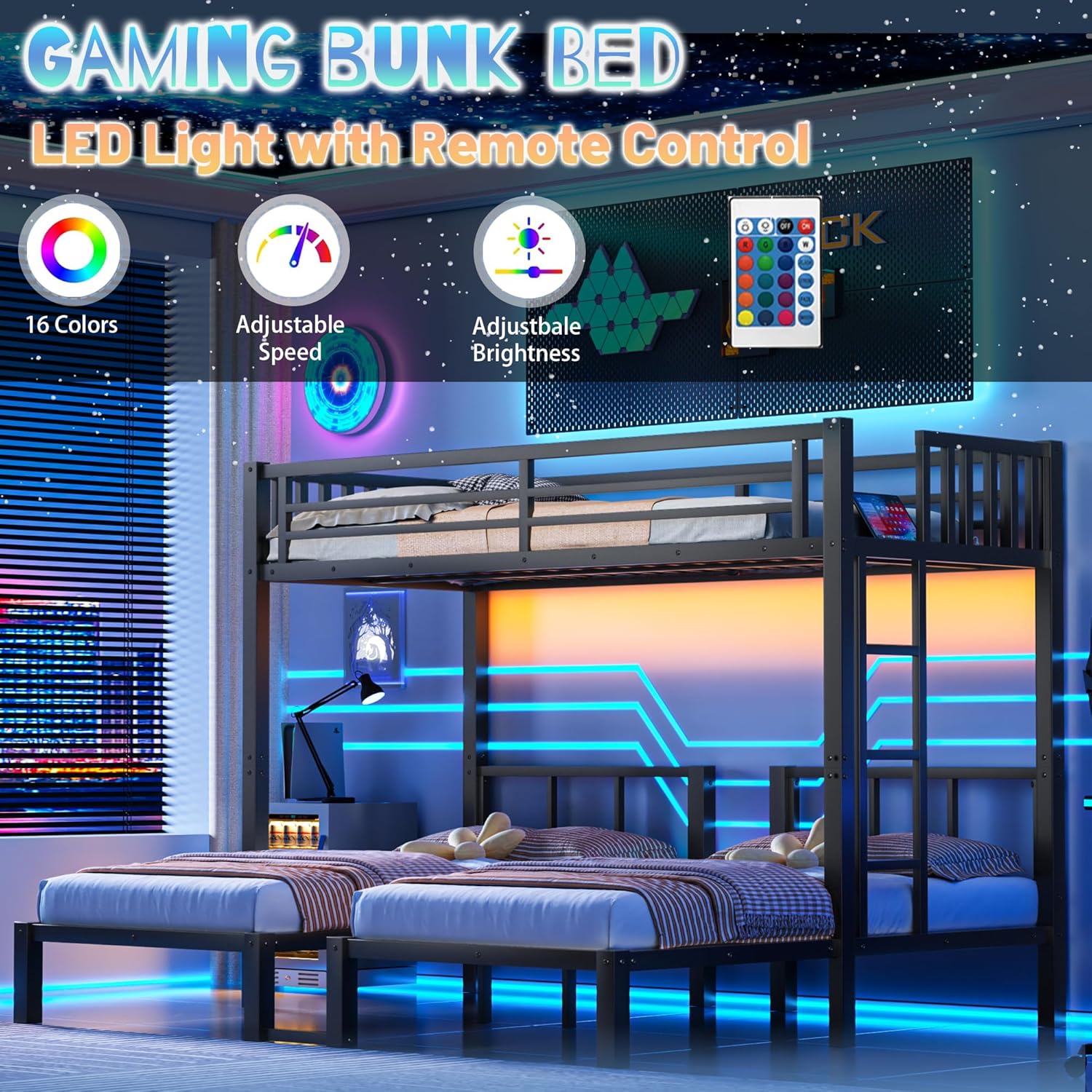 Triple Bunk Bed for 3 Kids with LED Lights, Charging Station & Storage Shelf , Convertible 3 Bunk Beds for Kids into 3 Twin Beds, Metal Frame with Guardrails & Ladder, Space-Saving Design, Black