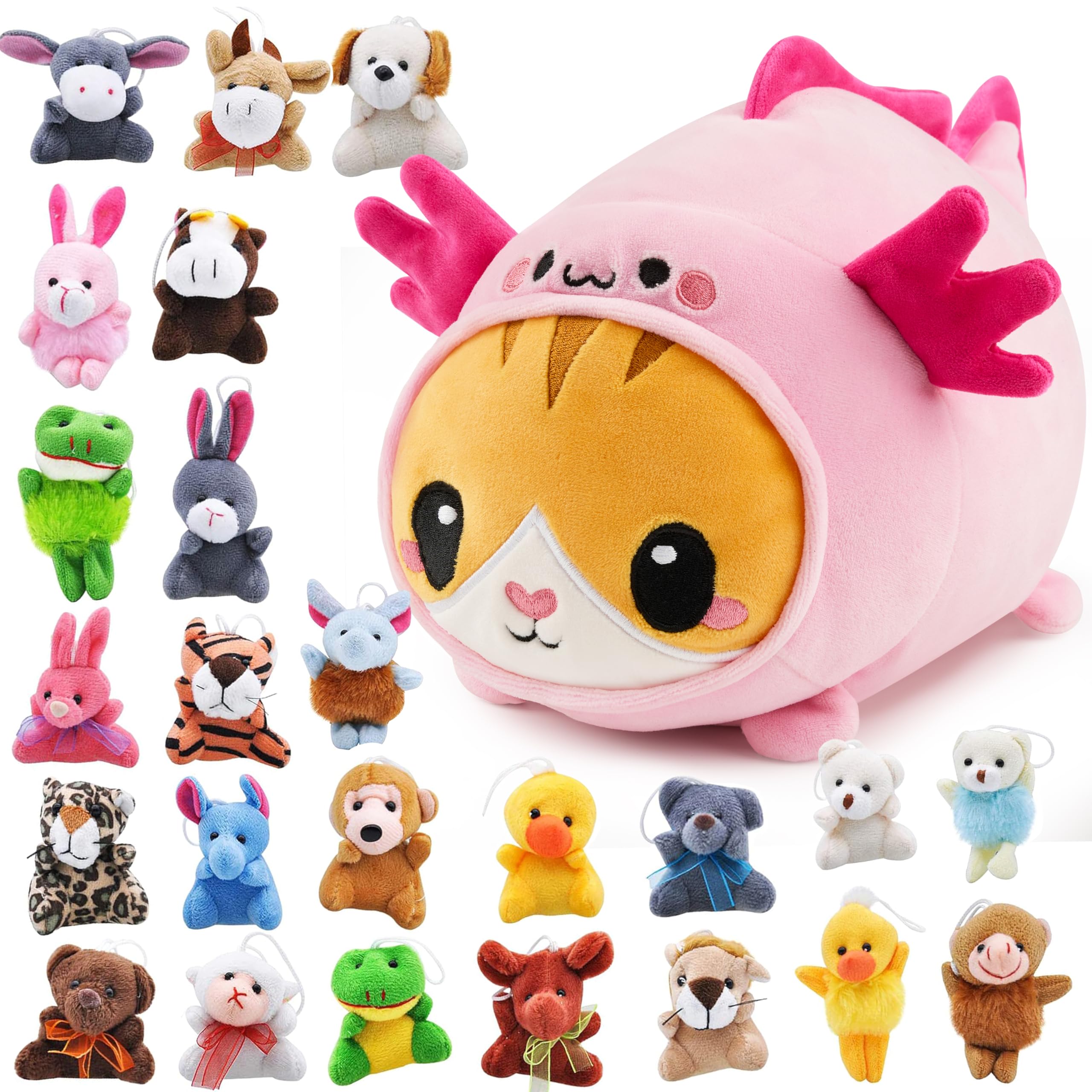 JOYIN 6Pcs Kids Hand Puppet Set with Working Mouth Bundle with Stuffed Animal, Kawaii Axolotl Cat Plush Toy