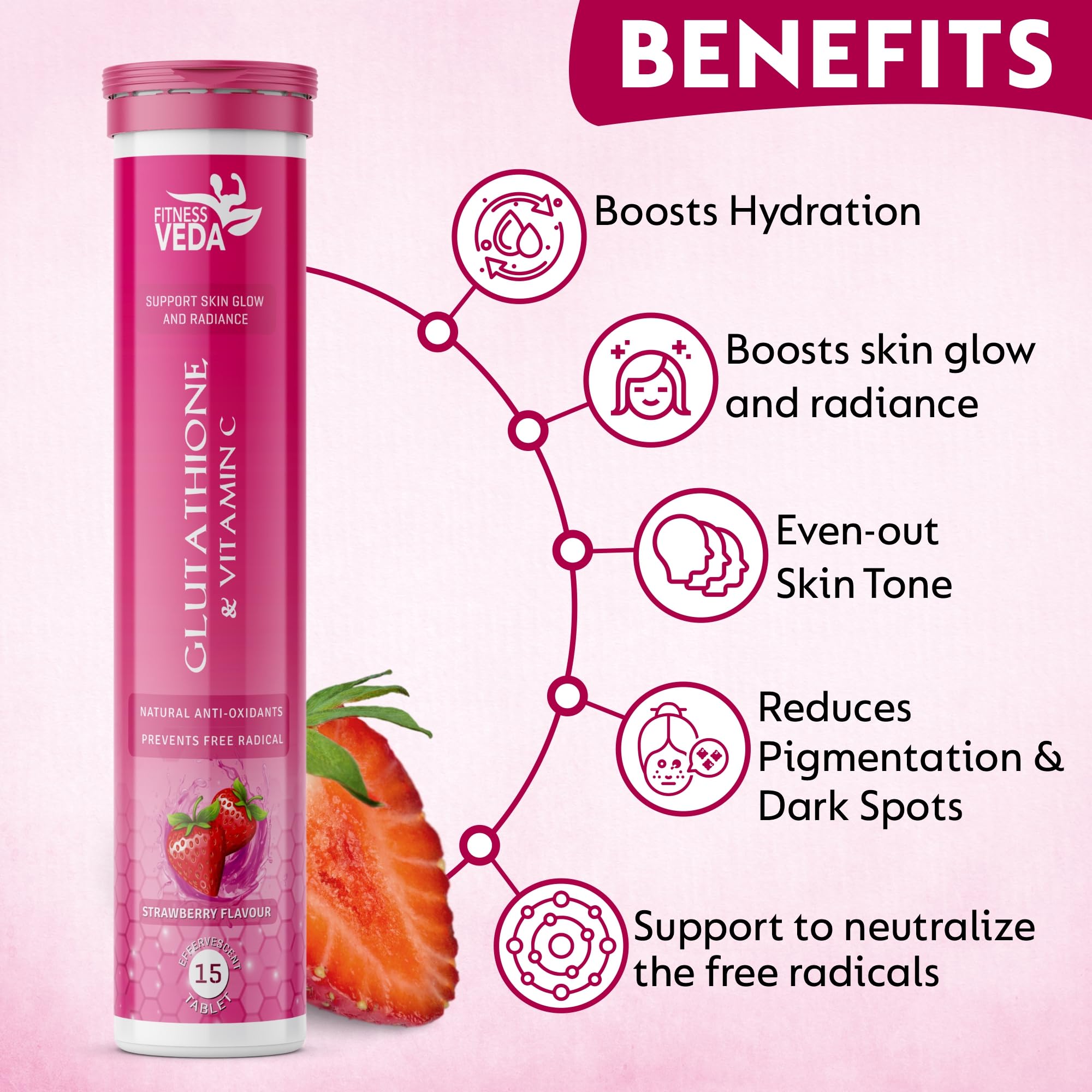 Fitness Veda Glutathione & Vitamin C Effervescent Tablets for Clear, Glowing & Youthful Skin | 600mg L-Glutathione & Vitamin C Antioxidant | Pack of 1-15 Tablets — Amazon image 7