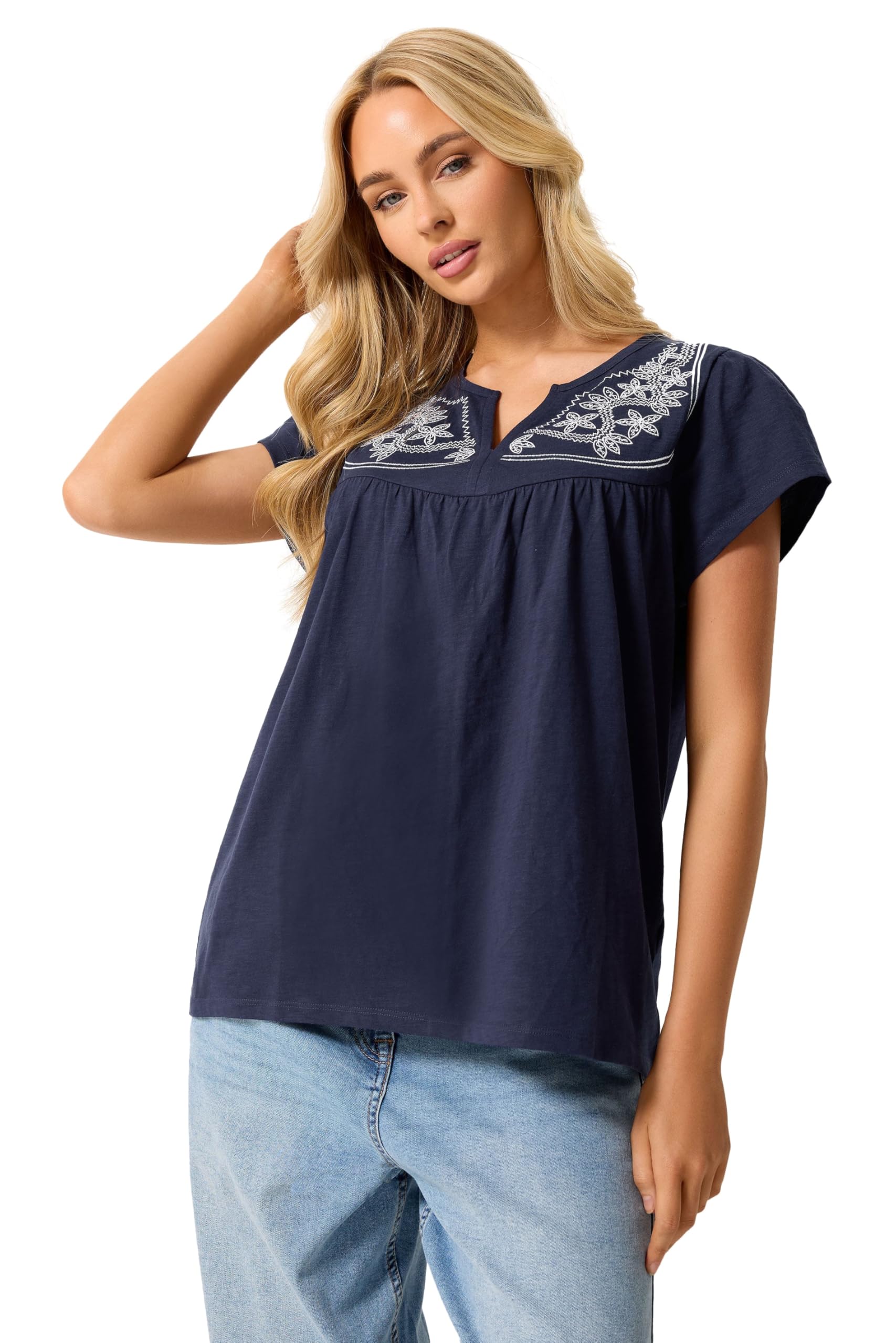 M&Co Women's Navy Blue Embroidered Cotton Notch Neck Top