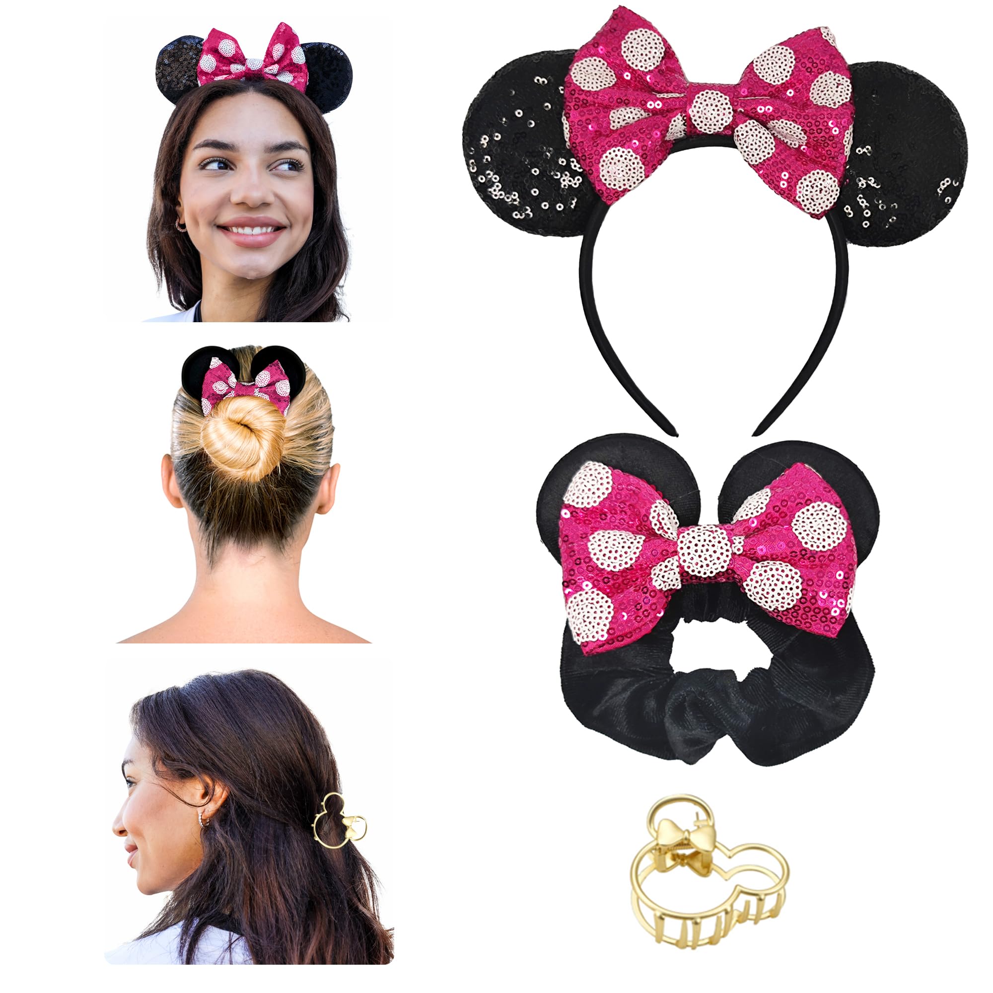 Styla Hair 3 Piece Set Pink Black Gold Mouse Ears Headband, Sequin Scrunchies & Claw Clip - Cute Minnie Ears Accessories for Women, Teens, Kids