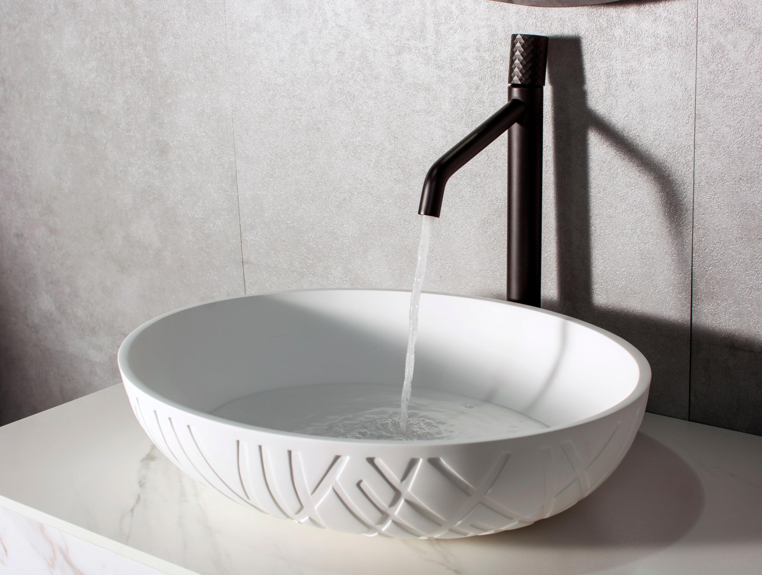 Lavabo di appoggio LEO in colata minerale (Solid Stone) - 50 x 40 x 12 cm - Bianco opaco, Con piletta Pop-up