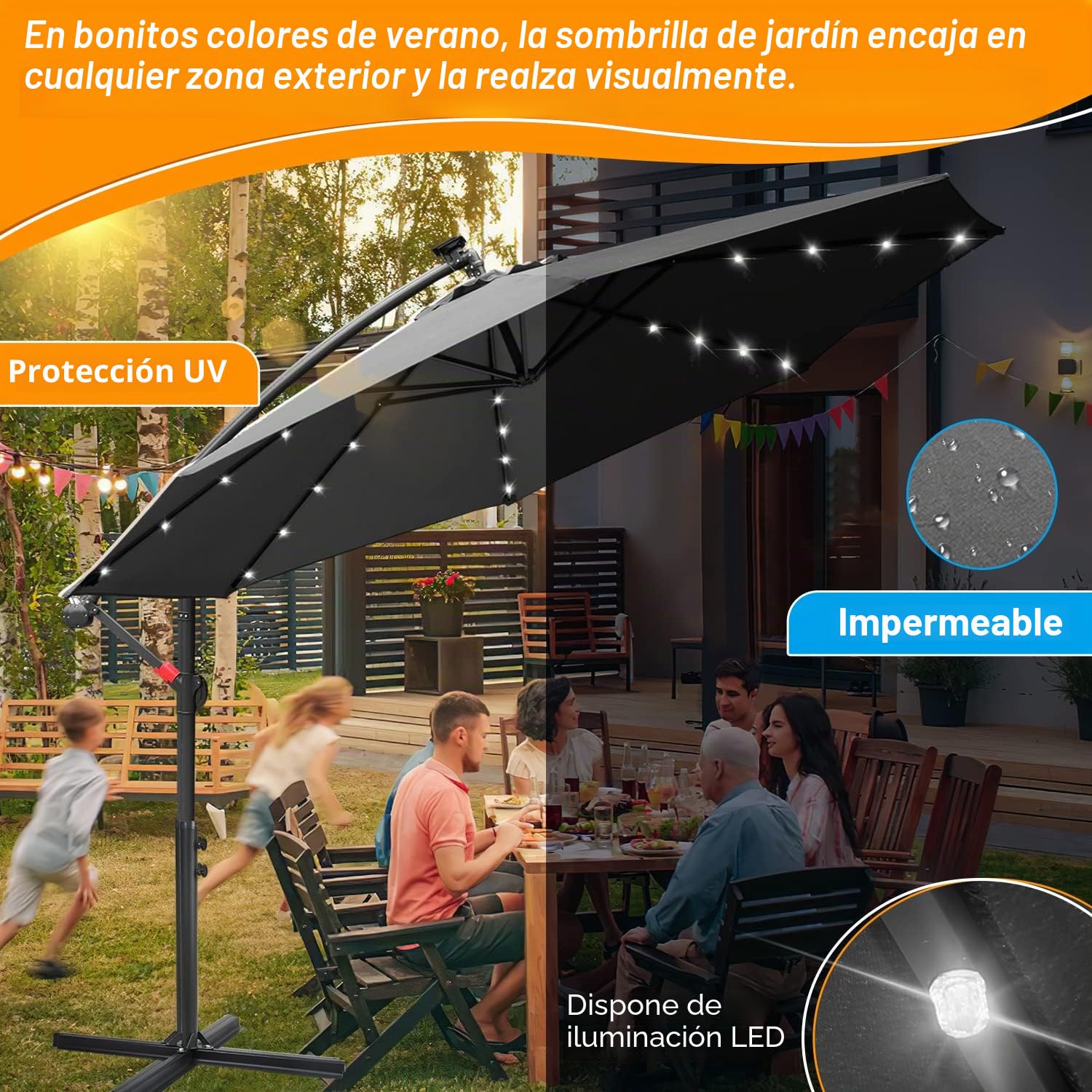Fiqops Sombrilla de 300-350 cm de diámetro, con manivela con/sin luces led solares, con soporte, para jardín, protección solar, protección ultravioleta, sombrilla de mercado impermeable con manivela
