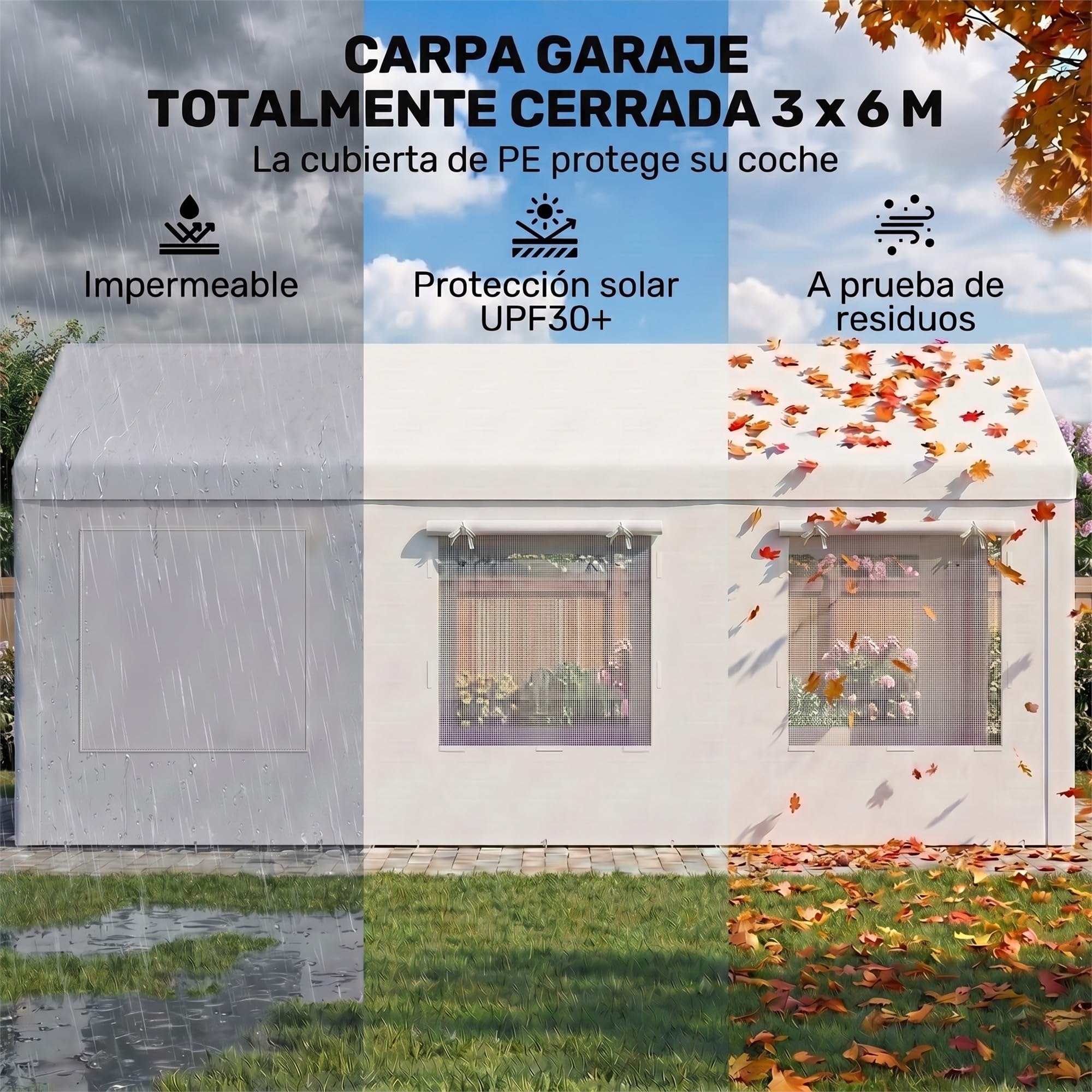 Outsunny Carpa Garaje Portátil 3x6 m para Coche Impermeable Blanco