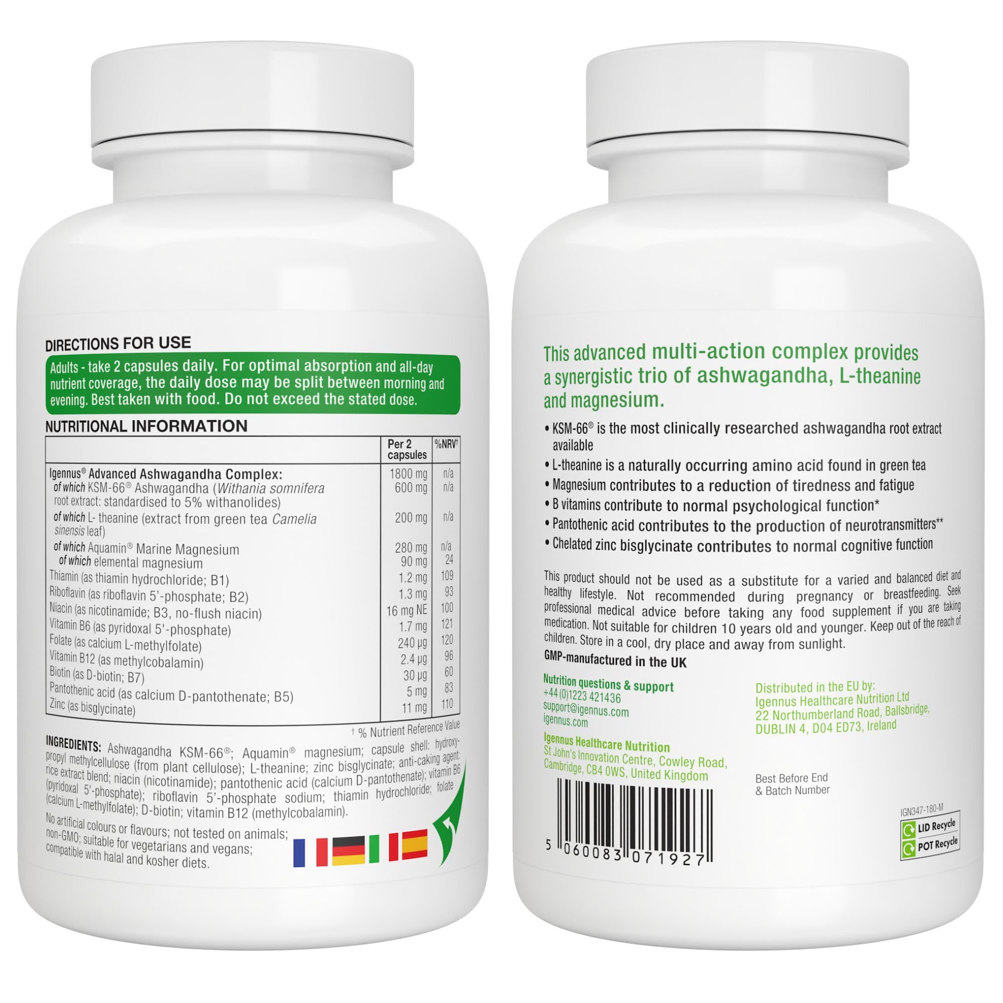 Igennus Ashwagandha Avanzada KSM-66 Complejo Para el Estrés 600 mg con L-Teanina y Magnesio, Vitaminas B y Zinc, Etiqueta Limpia, Extracto de Raíz únicamente, 5% de Withanólidos, Vegano, 90 Dosis