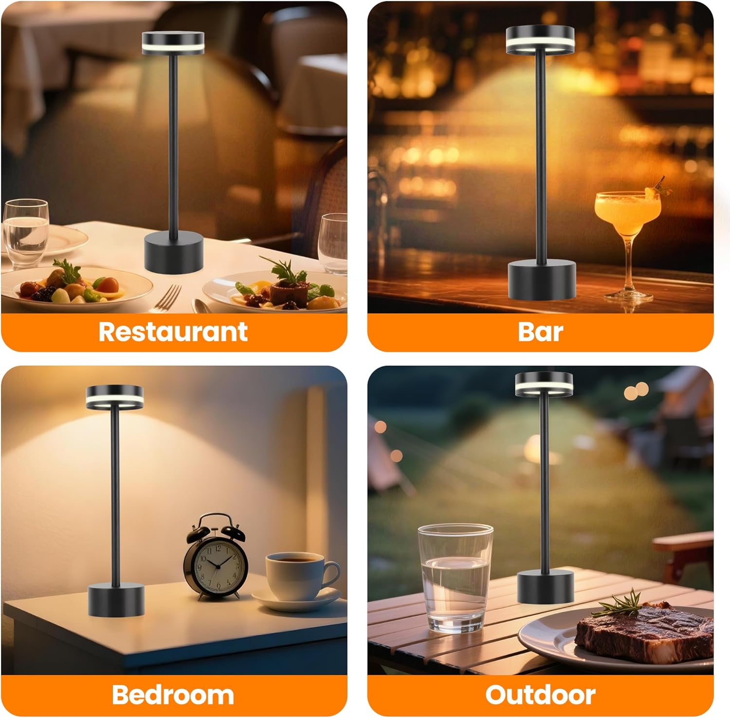 LED Cordless Table Lamp, 5000mAh Rechargeable Battery, Stepless Dimming 3 Color Modes, Auto-Memory Function, Portable Desk Lamp for Bedroom, Office, Camping, Indoor & Outdoor (1-Pack Black)