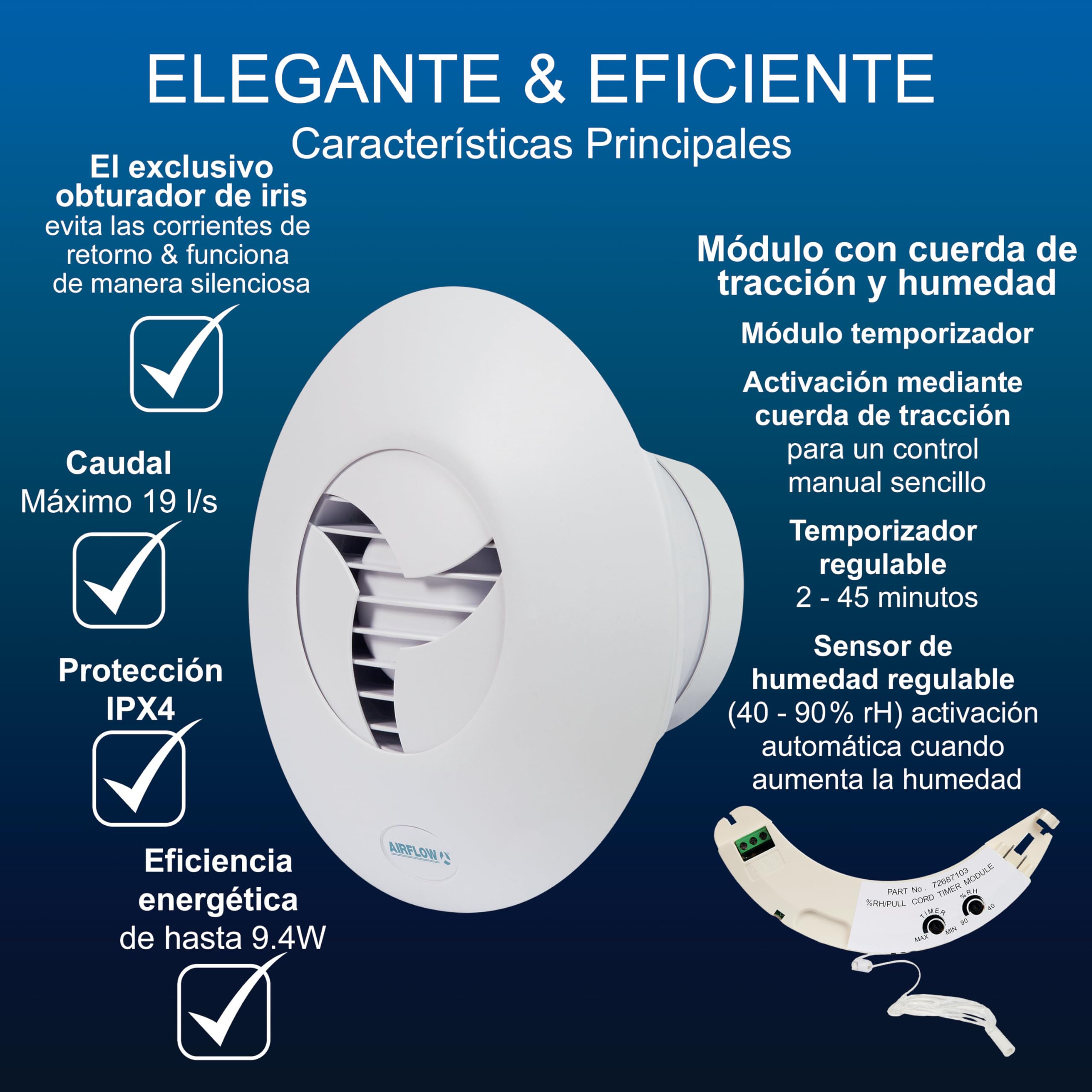 Airflow iCON 15 Ventilador Extractor con Tirador y Temporizador de Humedad – Obturador Iris Patentado, Auto Apertura/Cierre, 28,8 dB, 19 l/s, Sensor de Humedad, Garantía 3 Años
