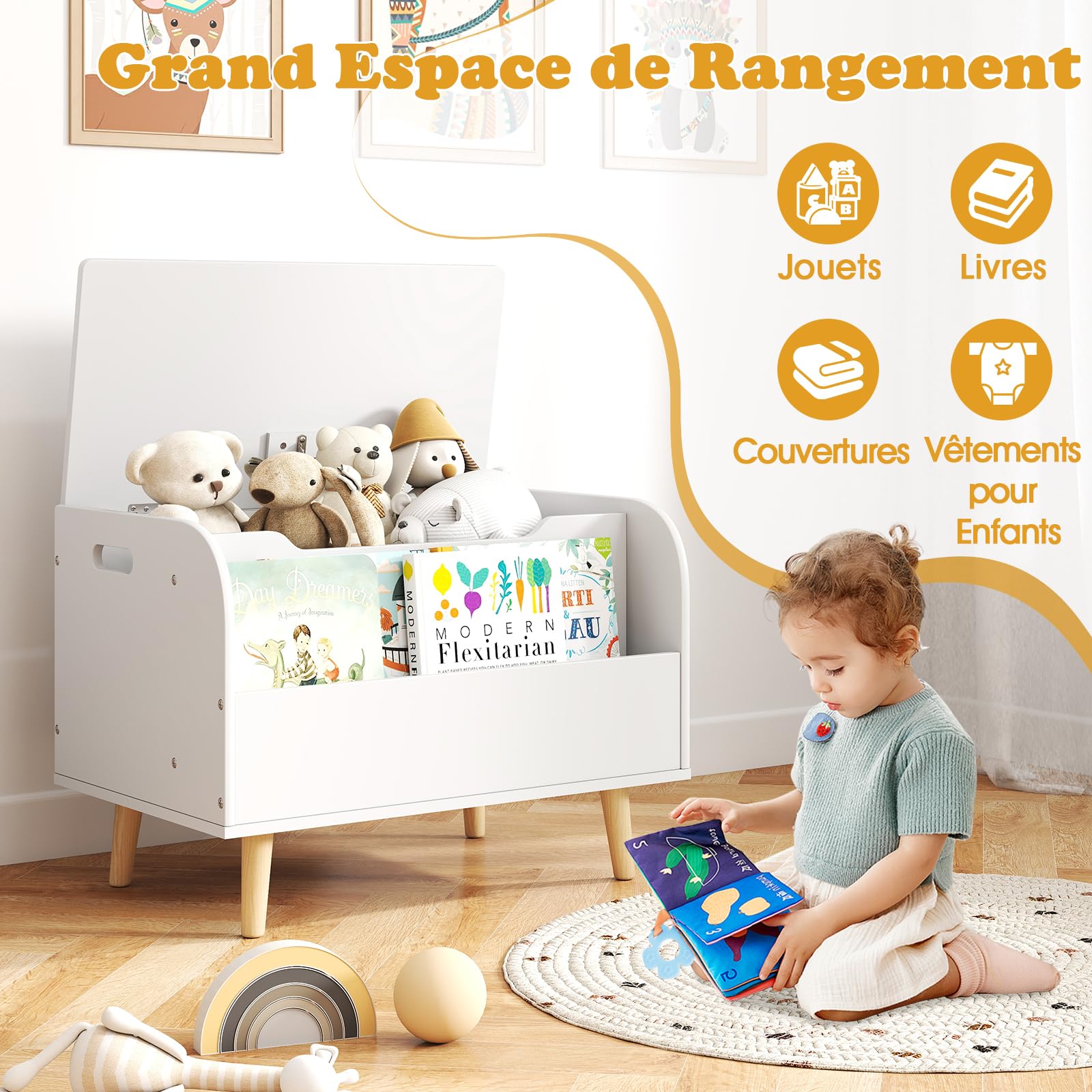 COSTWAY Coffre à Jouet Enfant avec Couvercle Rabattable et Bibliothèque Frontale, Coffre de Rangement Enfant avec 4 Pieds en Pin, Charnière de Sécurité, Organisateur pour 3 Ans+, 60x40x43cm (Blanc)