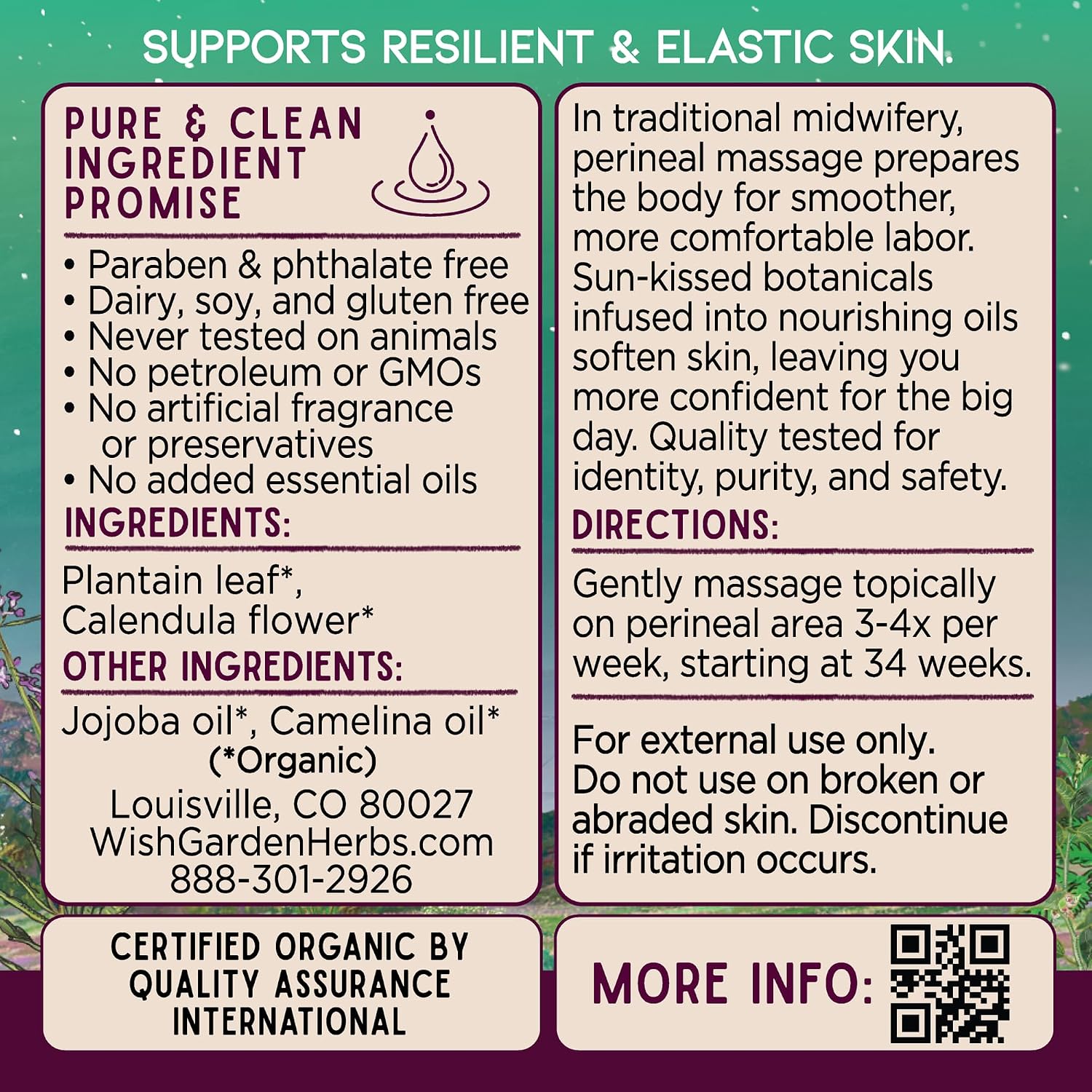 WishGarden Herbs Perineal Massage Oil - Certified Organic Herbal Oil Infusion with Plantain Leaf, Calendula & Jojoba Oil, Supports Skin Elasticity & Prevents Perineum Tearing During Childbirth, 2oz