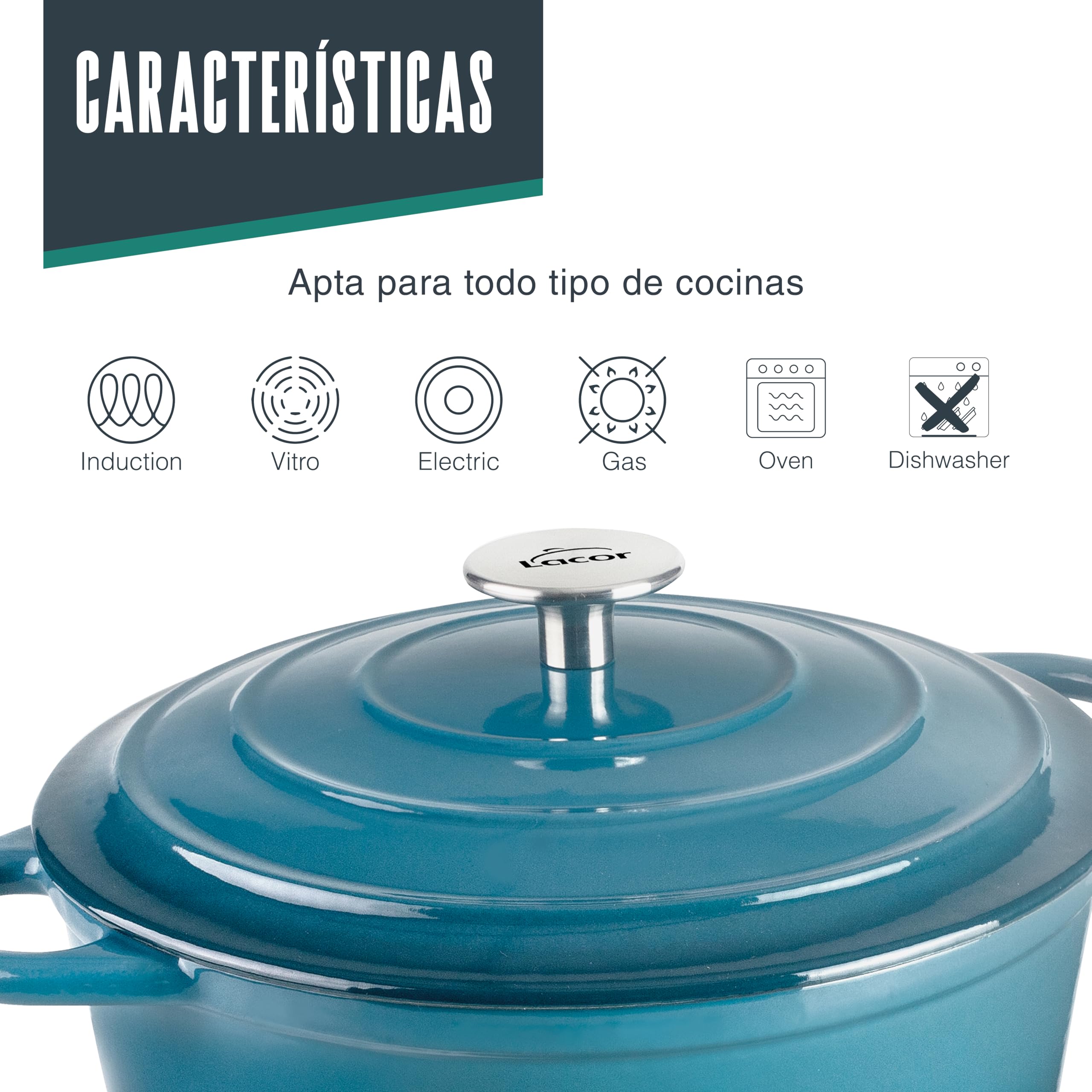 LACOR 71704 - Cacerola Hierro Fundido Esmaltado, 3, 5 Litros, Diámetro 24 | En hierro robusto, para guisos y cocciones uniformes; apto para inducción y horno, apto para lavavajillas, cómodo y funcional