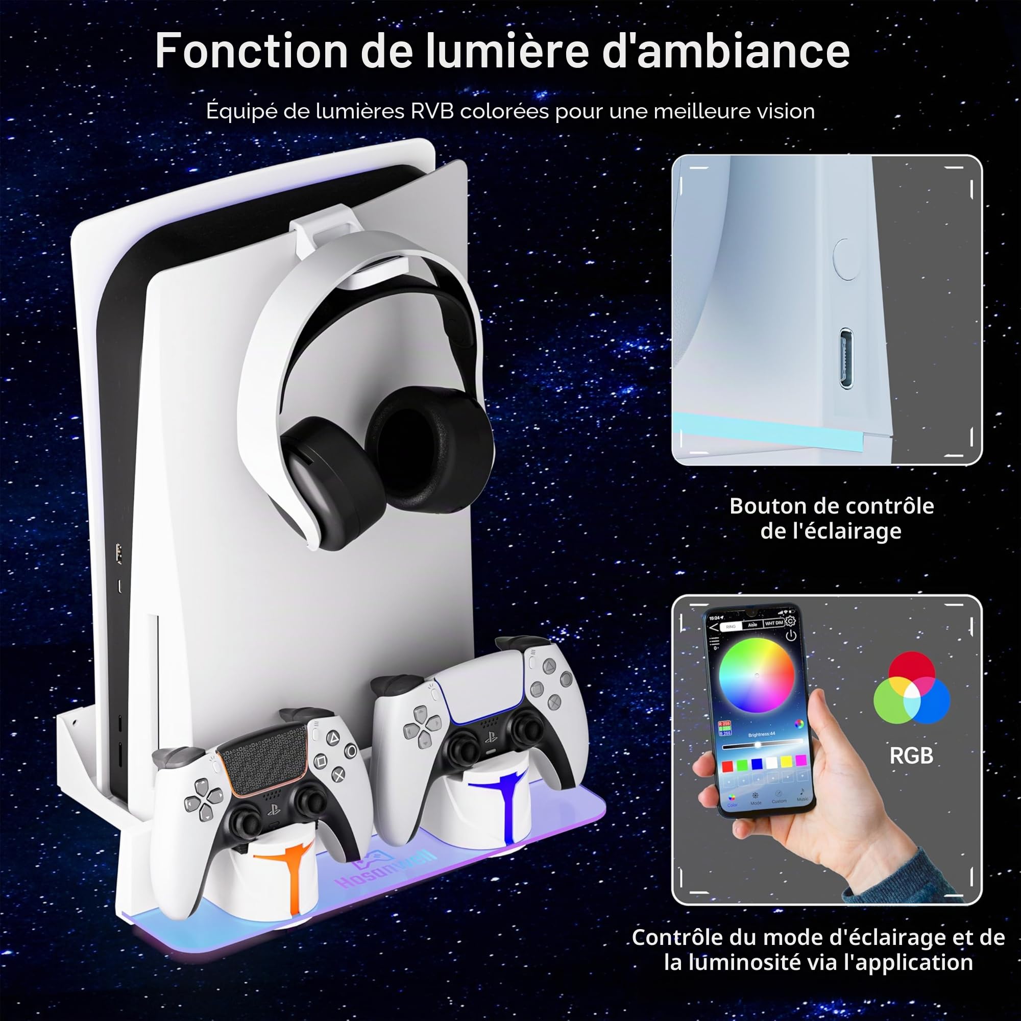 Hosanwell Support Mural pour PS5/PS5 Slim/PS5 Pro Console avec Station de Chargement avec Lumière RGB Multimode, Support Mural Compatible avec PS5 Disc & Digital Version