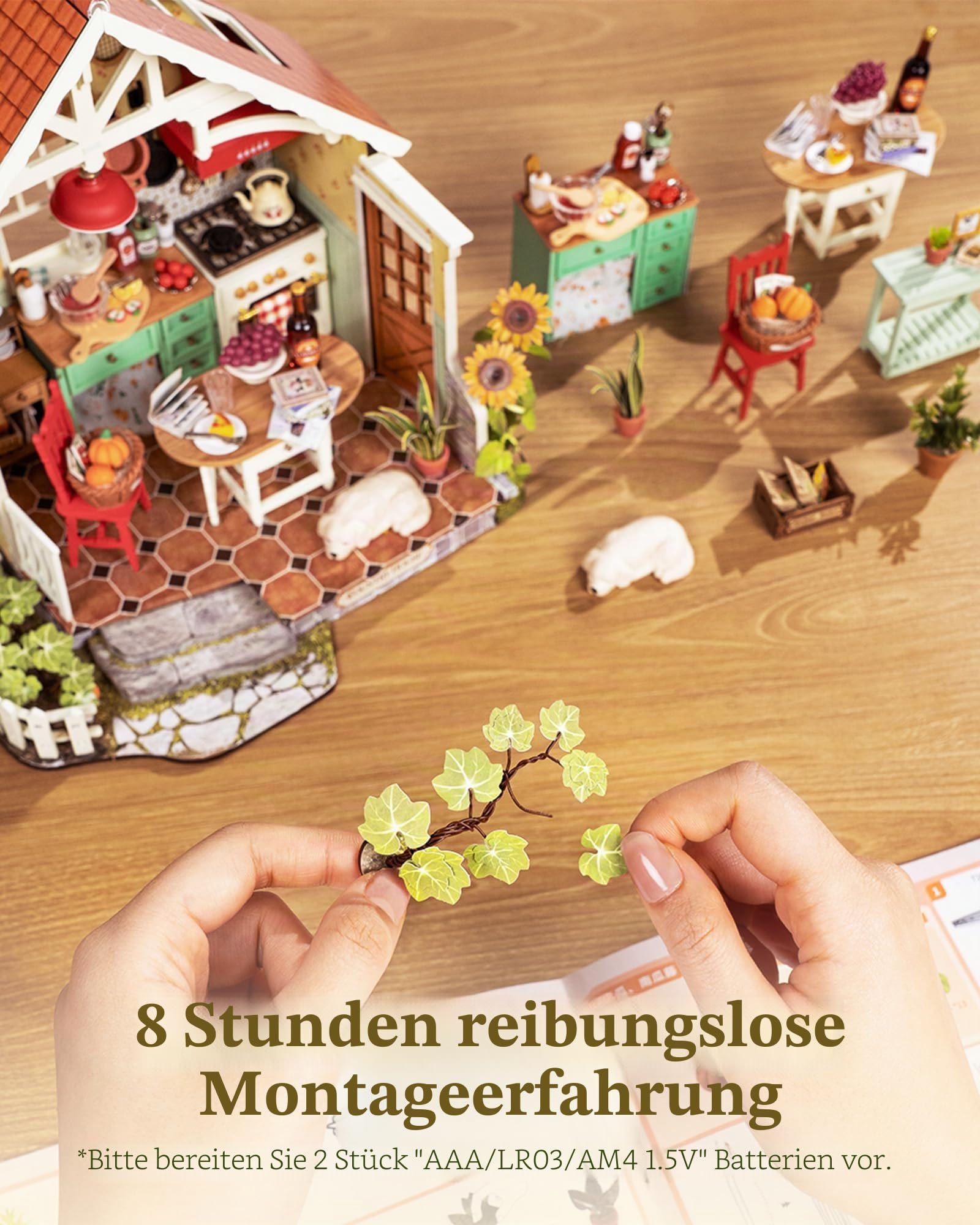 Rolife DIY Miniatur Haus Bausatz für Erwachsene, Sonnenlicht Bauernhaus Küche, Cottage Stil Holz Puppenhaus, Modellbausatz mit LED-Leuchten, Geburtstag Weihnachten Geschenk für Frauen