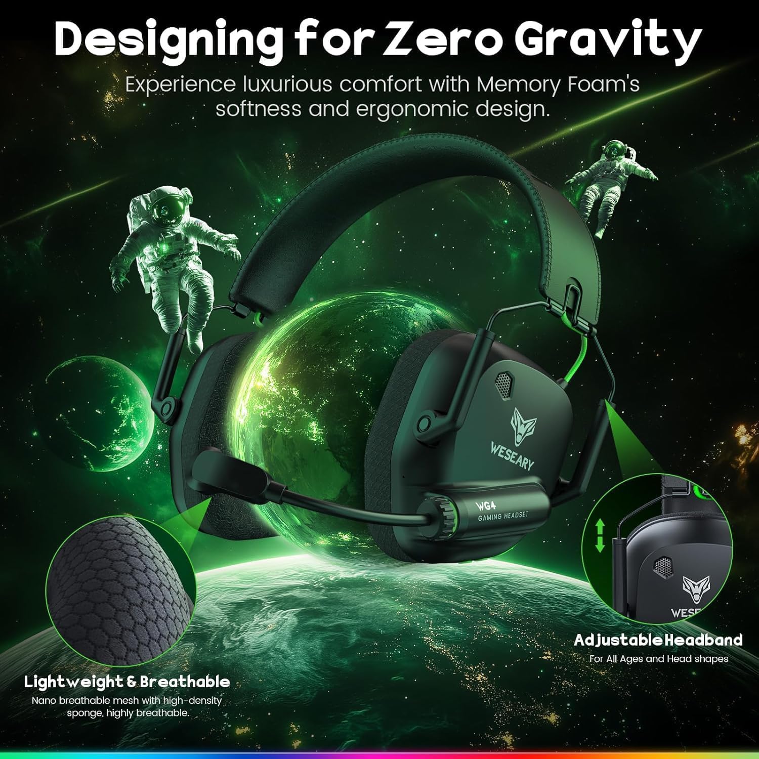 WESEARY WG4 Cascos Gaming Inalambricos, Auriculares Gaming de 2.4G para PS5, PS4, PC, Switch, Mobile, Sonido Estéreo Auriculares con Microfono, Duración 45Hr+