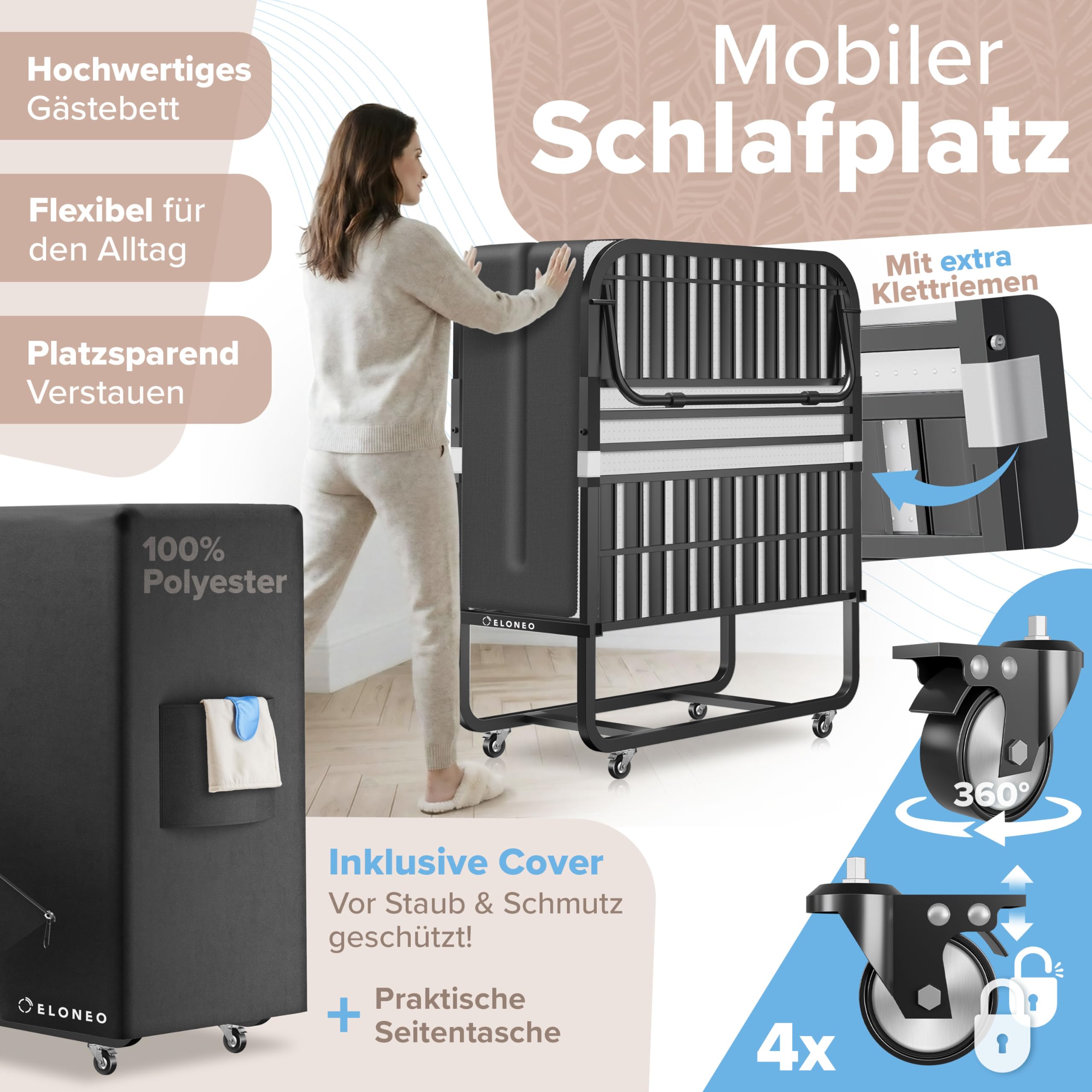 ELONEO Klappbett 90x200 cm inkl. Premium Matratze | Gästebett klappbar, belastbar bis 250kg | faltbares Reisebett mit Metallrahmen und Transportrollen | Schrankbett inkl. Schutzhülle