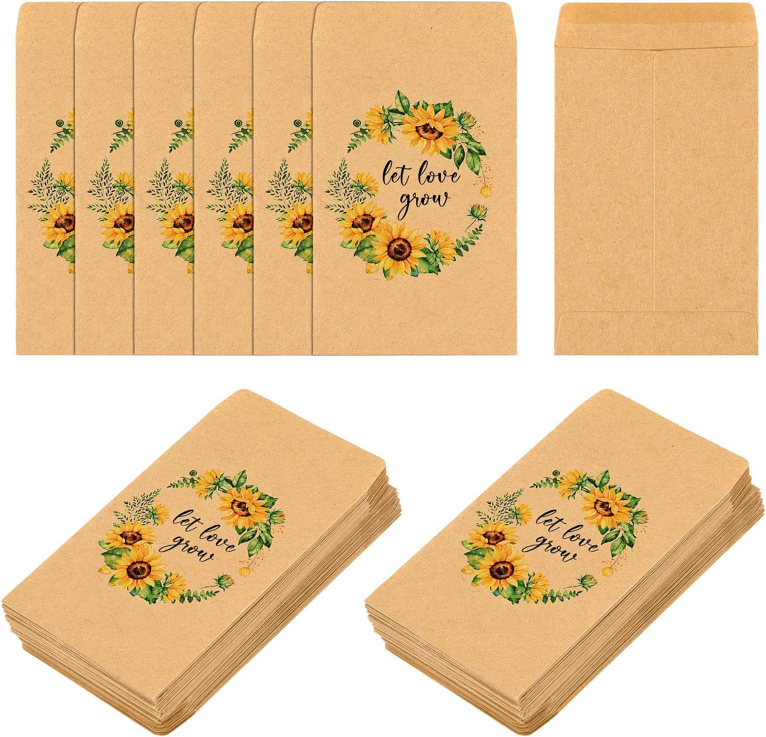 CINPIUKWedding Favor Seed Packets, 100PCS Let Love Grow Self Adhesive Seed Packets Retro Kraft Envelopes Seeds Storage Paper Packets for Rustic Sunflower Wedding Baby Shower Favors