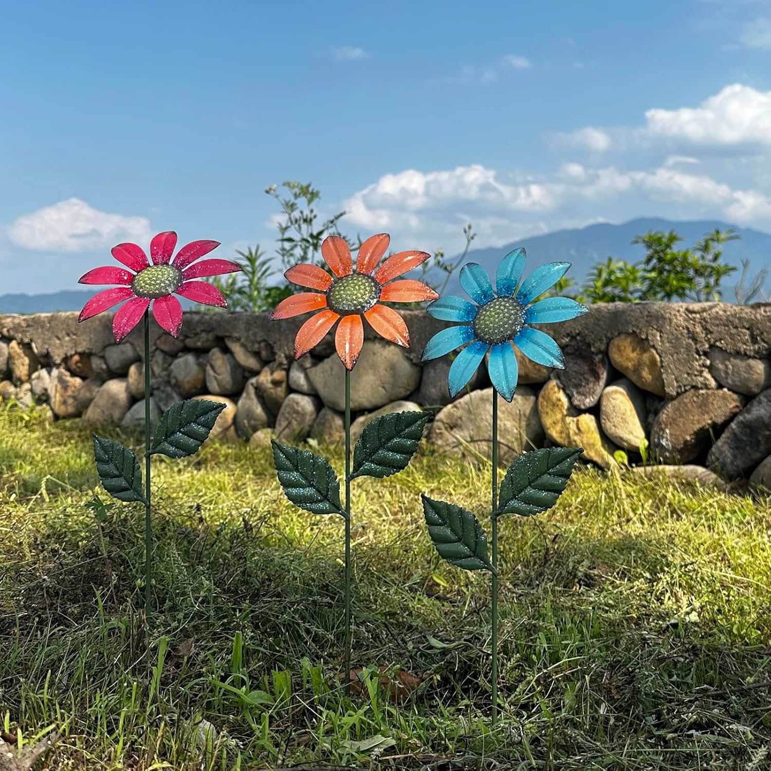 HUTHDAK Metal Flowers for Outside,8 Pack 16.15" Decorative Garden Stakes with Swaying Flowers Head Yard Art,Spring Garden Decor for Lawn, Pathway & Garden