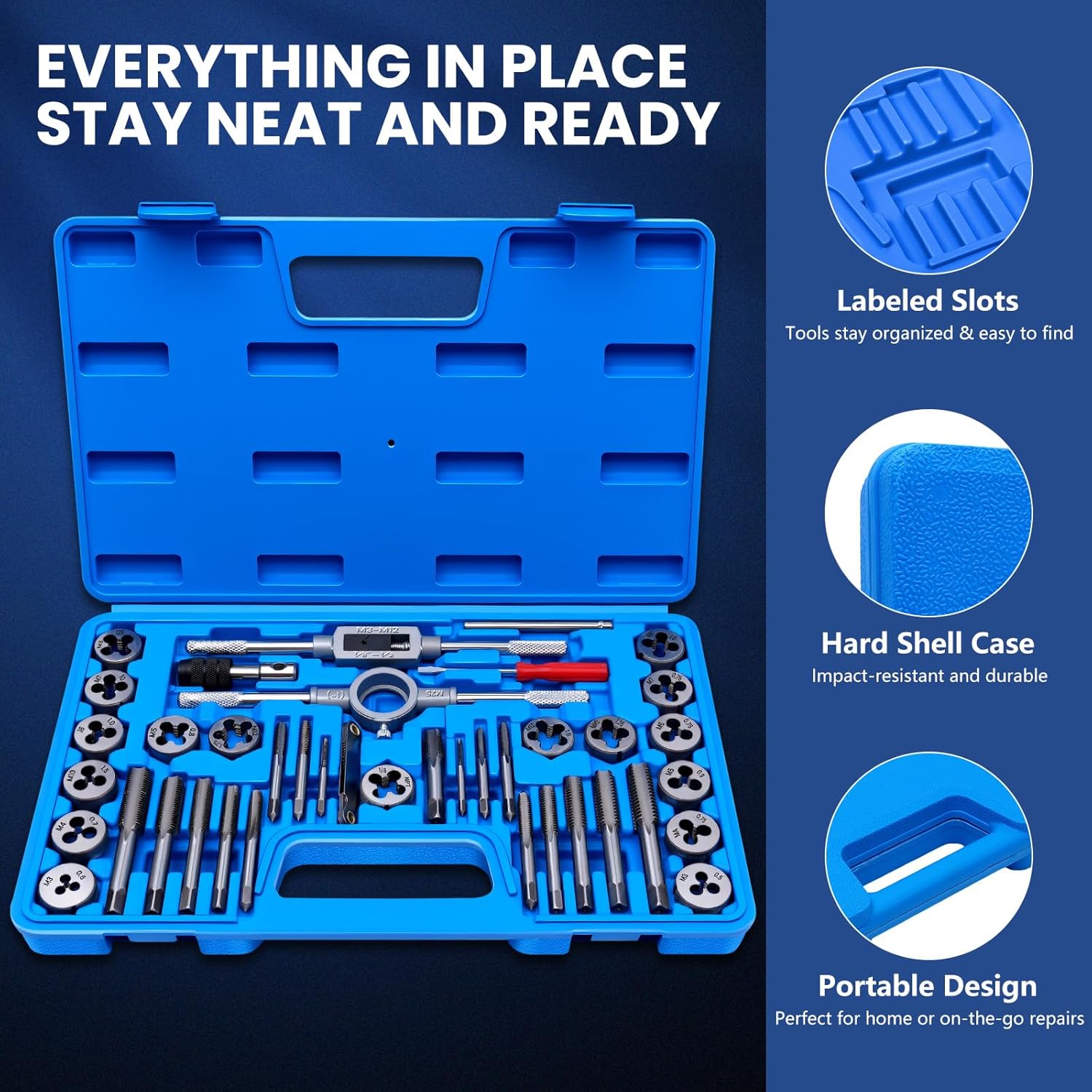 80 PCS Tap and Die Set SAE and Metric, Standard and Metric Threading Tool Kit for Internal and External Threads, Tap & Die Sets with Wrenches for Automotive, DIY, and Metal Repair