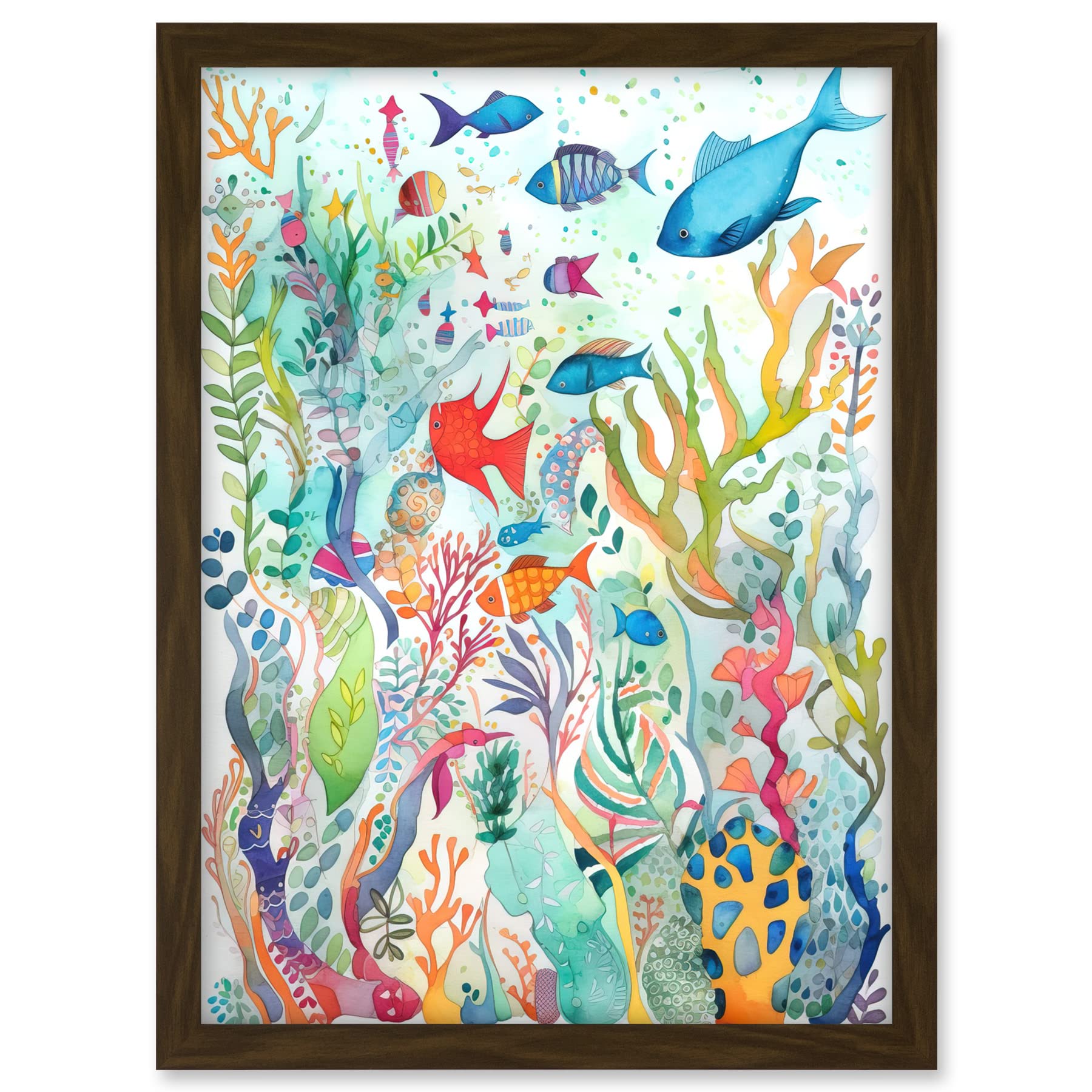 Artery8 Aquatic Scene Marine Life Folk Art Watercolour Painting Artwork Framed A3 Wall Art Print