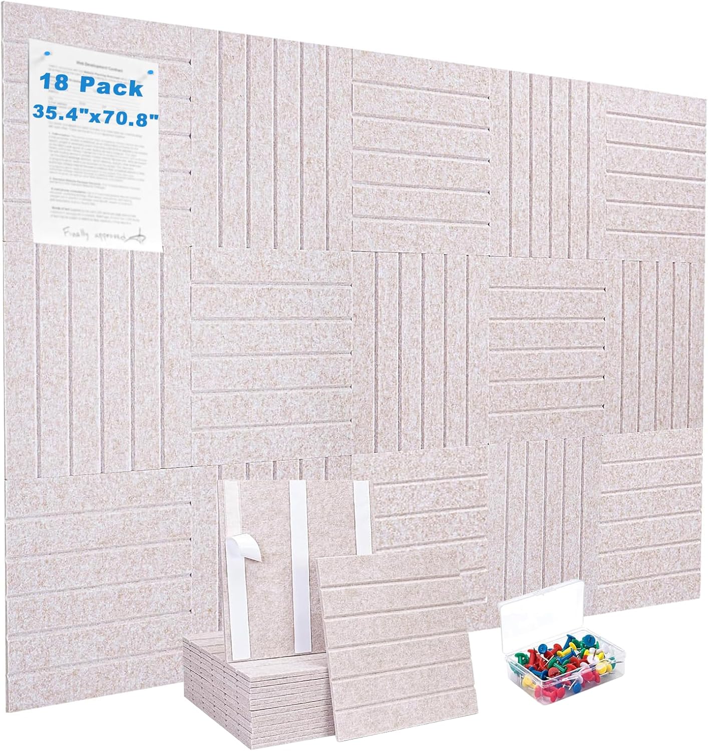 Large Felt Bulletin Board, 35.4"x70.8" Cork Board Alternative, Adhesive Cork Board with 30 Pushpins, Wall Pin Board, Bulletin Board for Office, 18 Pack, Oatmeal