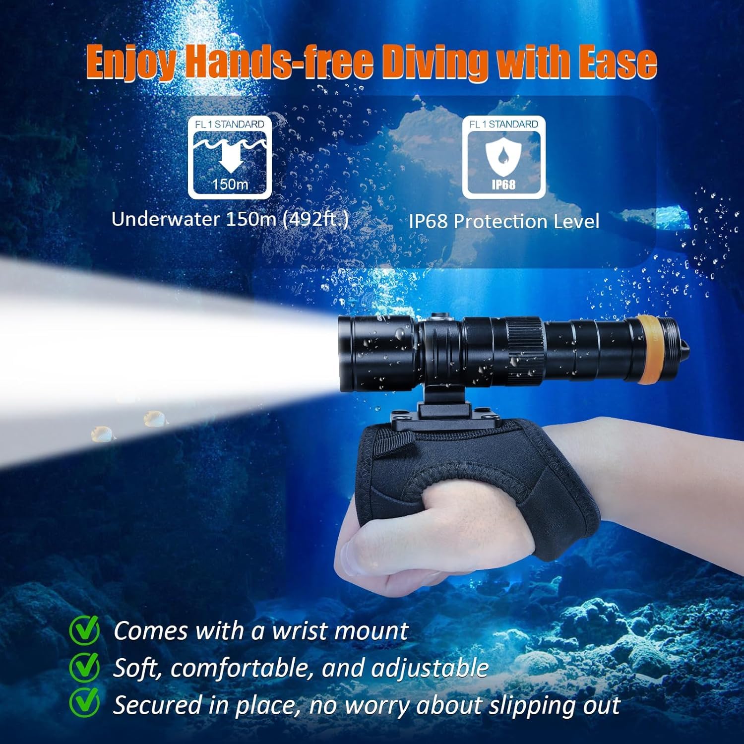 ORCATORCH DC710 Lampe Plongée 3000 Lumens Faisceau Étroit 6° Plongée | Bas/Moyen/Haut/Turbo, Indicateur Statut, Verrouillage Touche, IP68 Étanche, Plongée Nocturne, Spéléo Sous-Marine