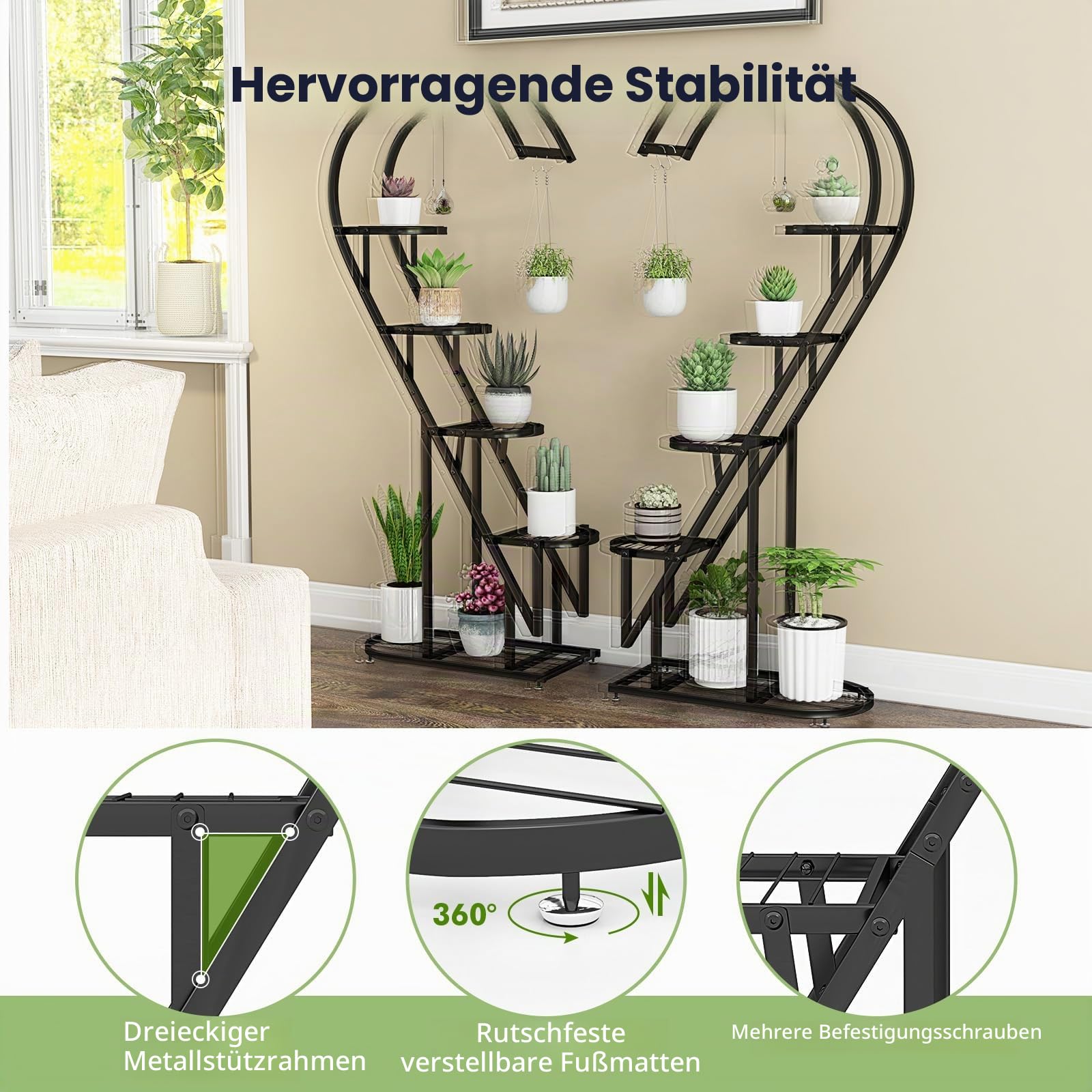 HOMASIS 5 Etagen Metall Pflanzenständer herzförmig, mehrstöckig Blumenständer mit Haken, Blumentopfständer für Innen Außen, Pflanzenregal Blumenregal für Wohnzimmer Garten Balkon Terrasse (Schwarz)