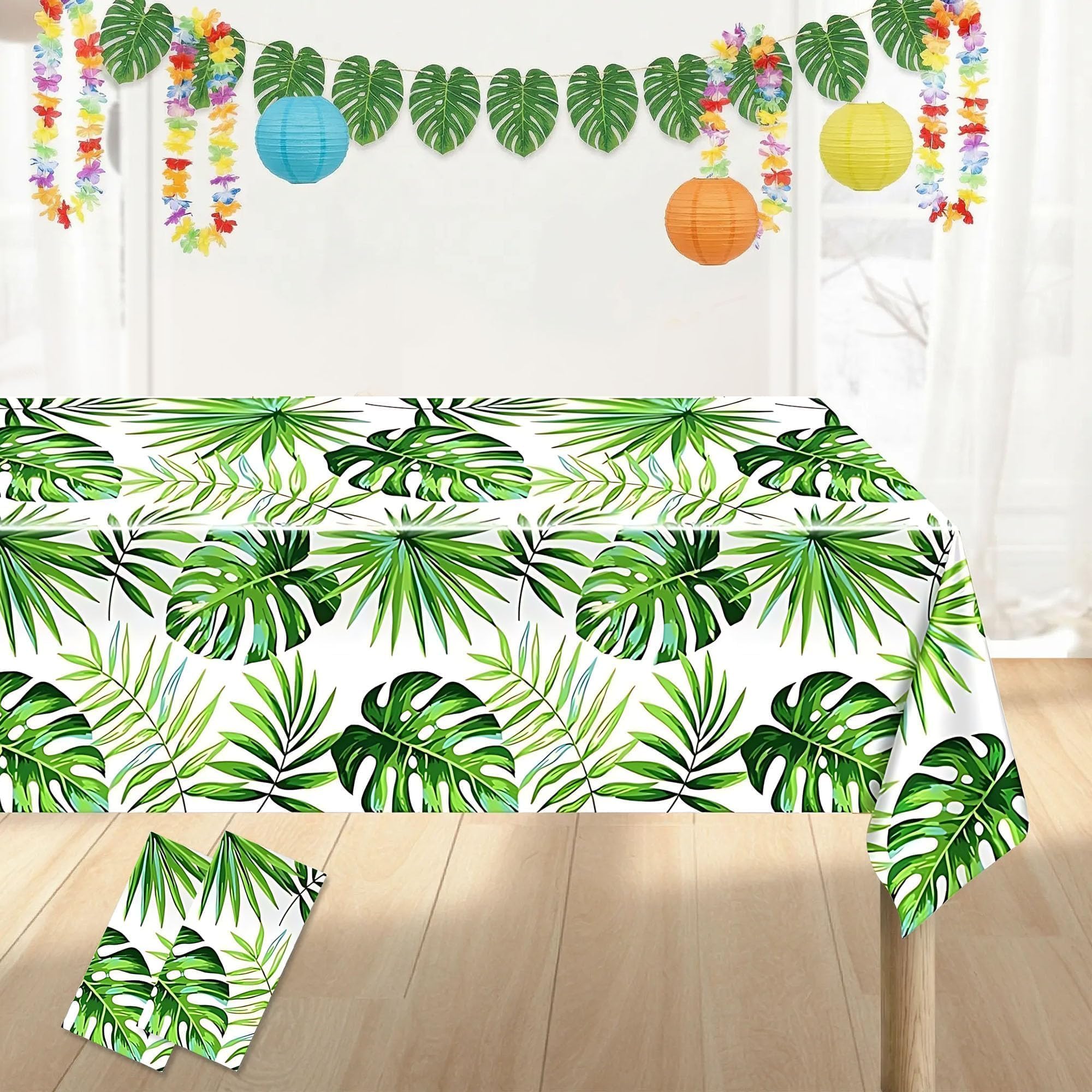Hawaiian Luau Outdoor Table Cloth: 130×220CM Hawaii Tropical Palm Leaves Monstera Aloha Summer Party Tablecloth Plastic Wipeable Disposable Indoor Outdoor Pool Beach Picnic Decorations (2 Pcs)