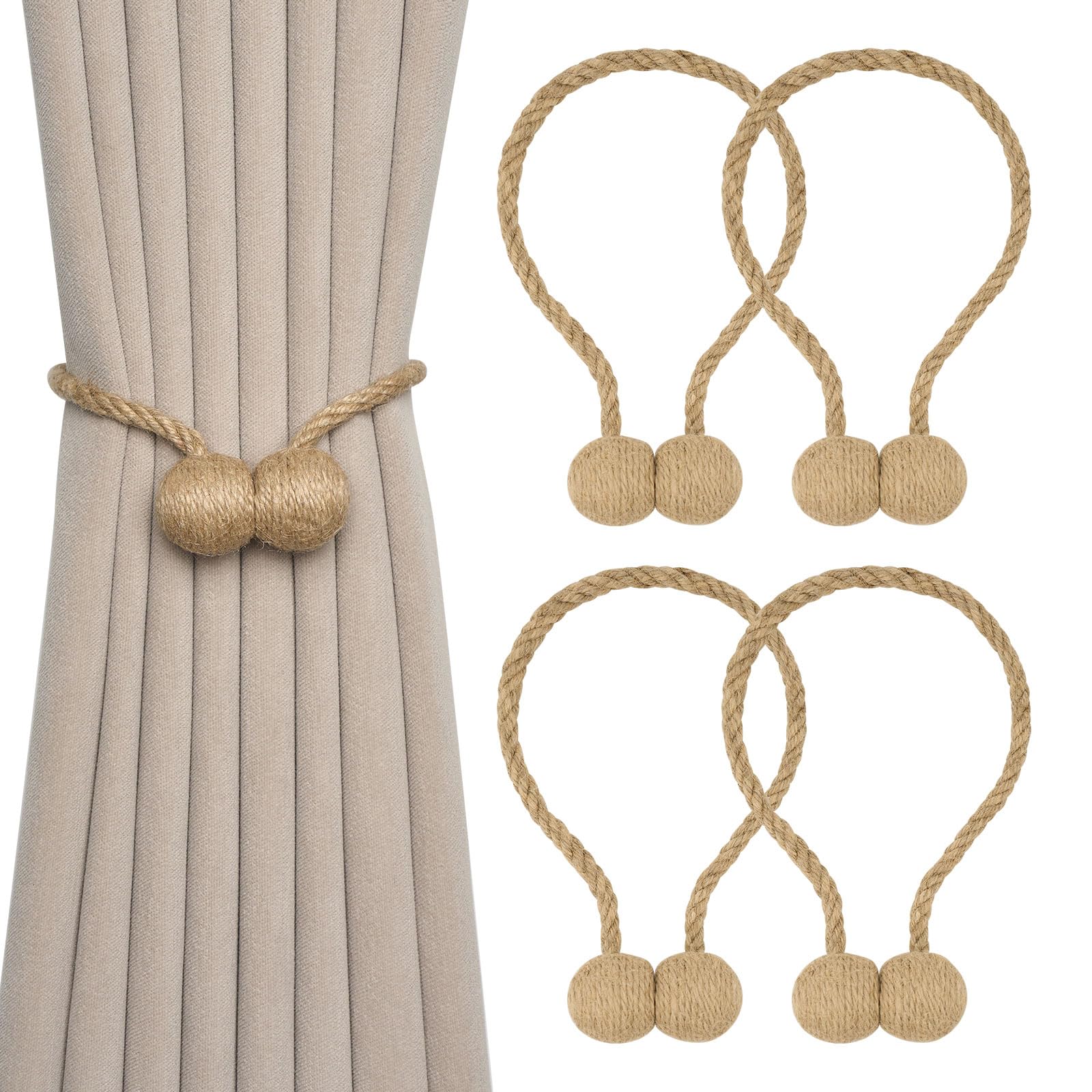 Pretty Jolly 4 Pack Natural Jute Rope Magnetic Curtain Tiebacks Farmhouse Rustic Style Decorative Drape Tie Backs Elegant Handmade Braided Curtain Holdbacks for Home & Office Drapery (Ball-B)