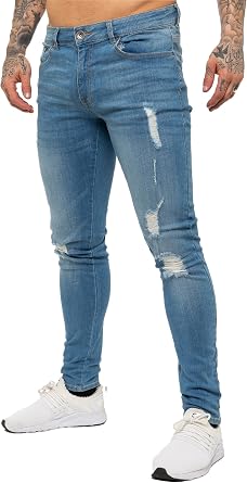 989Ze ENZO Mens Skinny Ripped Jeans Casual Stretch Distressed Denim Pants