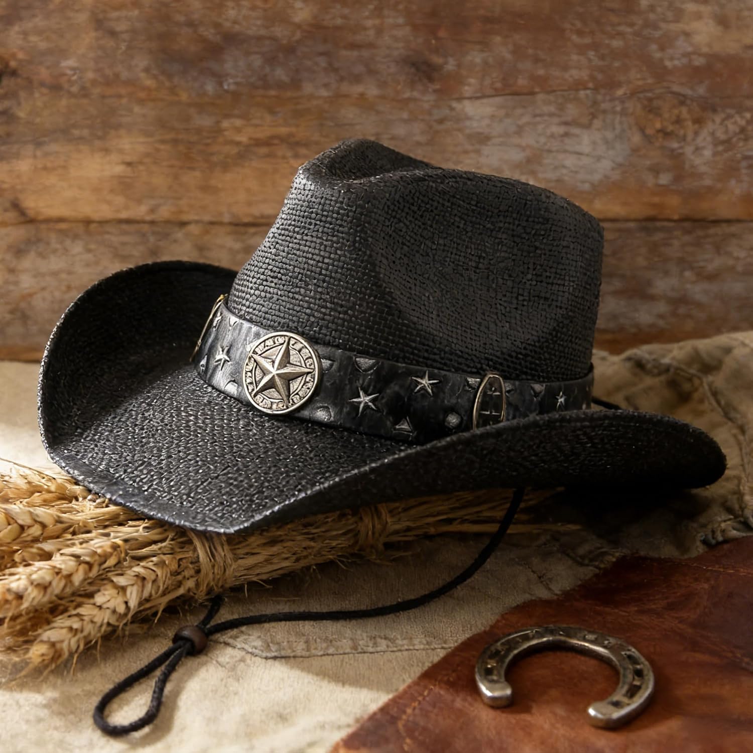 Western Cowboy Hat for Men and Women with Ocean Blue Beads and Shell Accents, Adjustable Summer Straw Hat