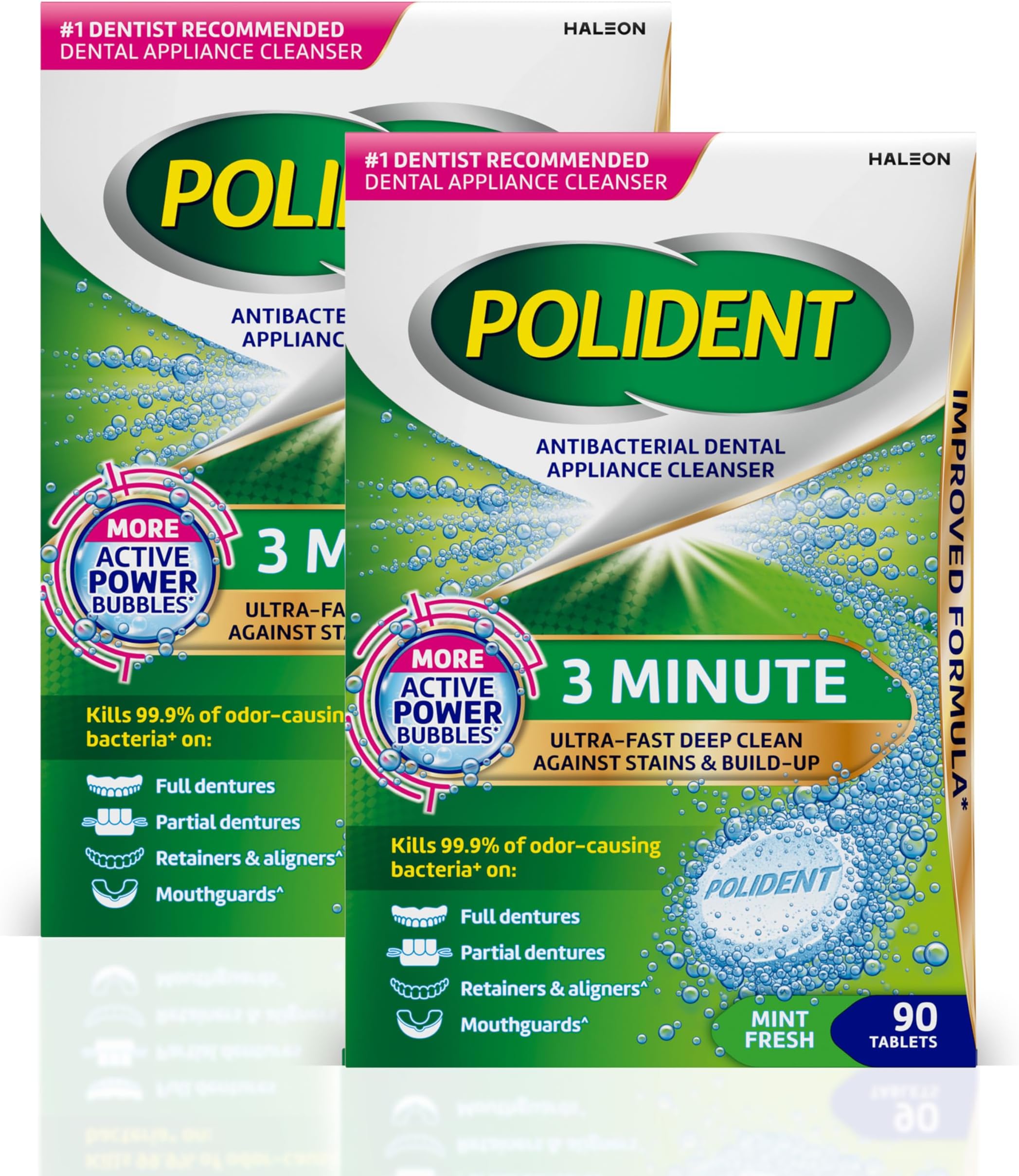 Polident 3 Minute Antibacterial Dental Appliance Cleanser Tablets, 90 Count (2 Pack)