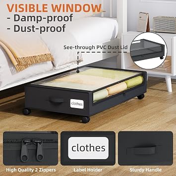 Somdot 48L Under Bed Storage Box, Large Capacity Under Bed Storage on wheels with Lid and Zip, Foldable Organiser for Clothes Bedding and Shoes, Black, 2 Pack