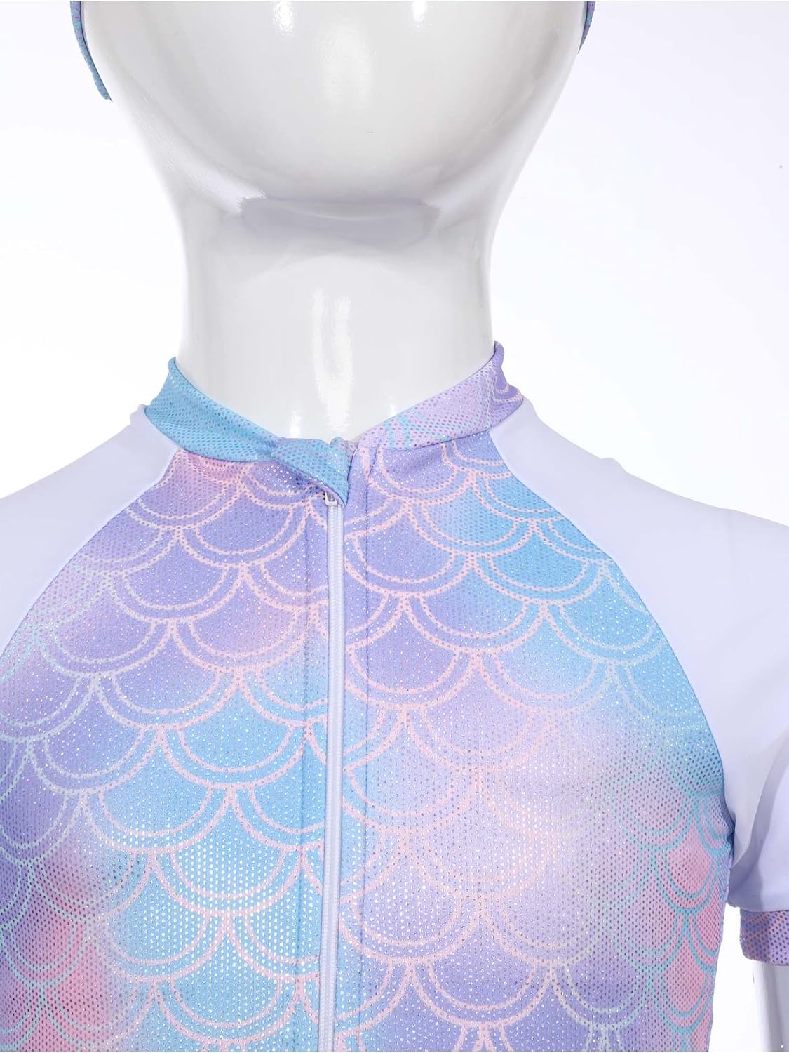 Kids Girls Short Sleeve Fish Scales Print Swim Dress with Shorts and Swim Hat Zipper Mermaid Swimsuit