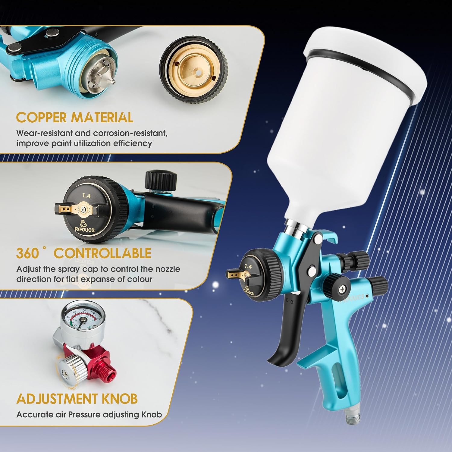 HVLP Spray Gun with 1.4mm Nozzle, Car Paint Gun Premium Tool Kit Perfect for a Wide Range of Applications Including car & Automotive Painting, Furniture and House Finishing (Cyan, 1.4mm)