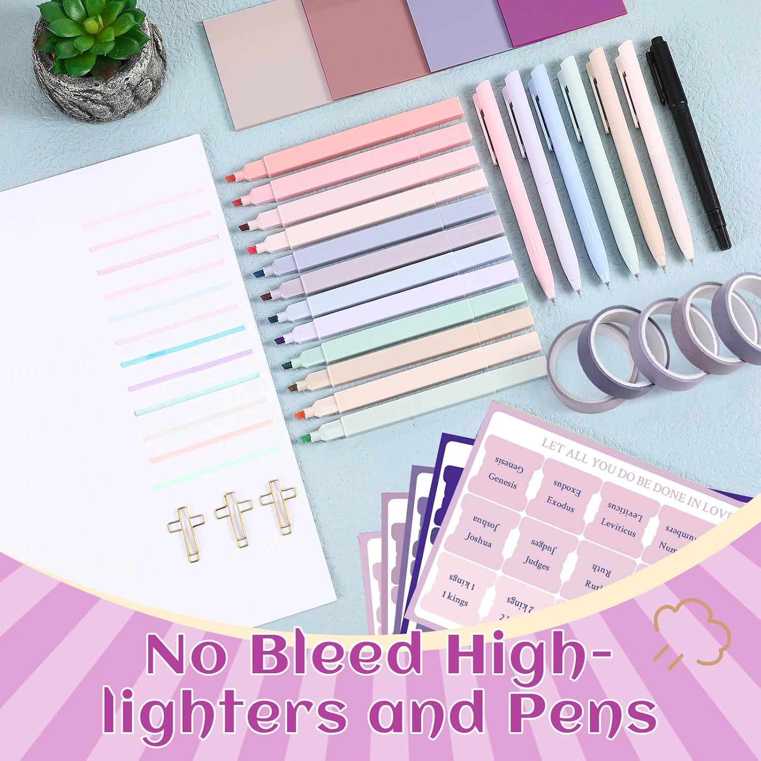 Dunzoom 137 Pcs Bible Study Supplies Journaling Kit 1 Pencil Case 12 Highlighters 4 Sticky Notes 6 Gel Pens 35 Paper Clips 3 Tapes 1 Markers 75 Tabs for Christmas Bible School Gifts(Pink Purple)