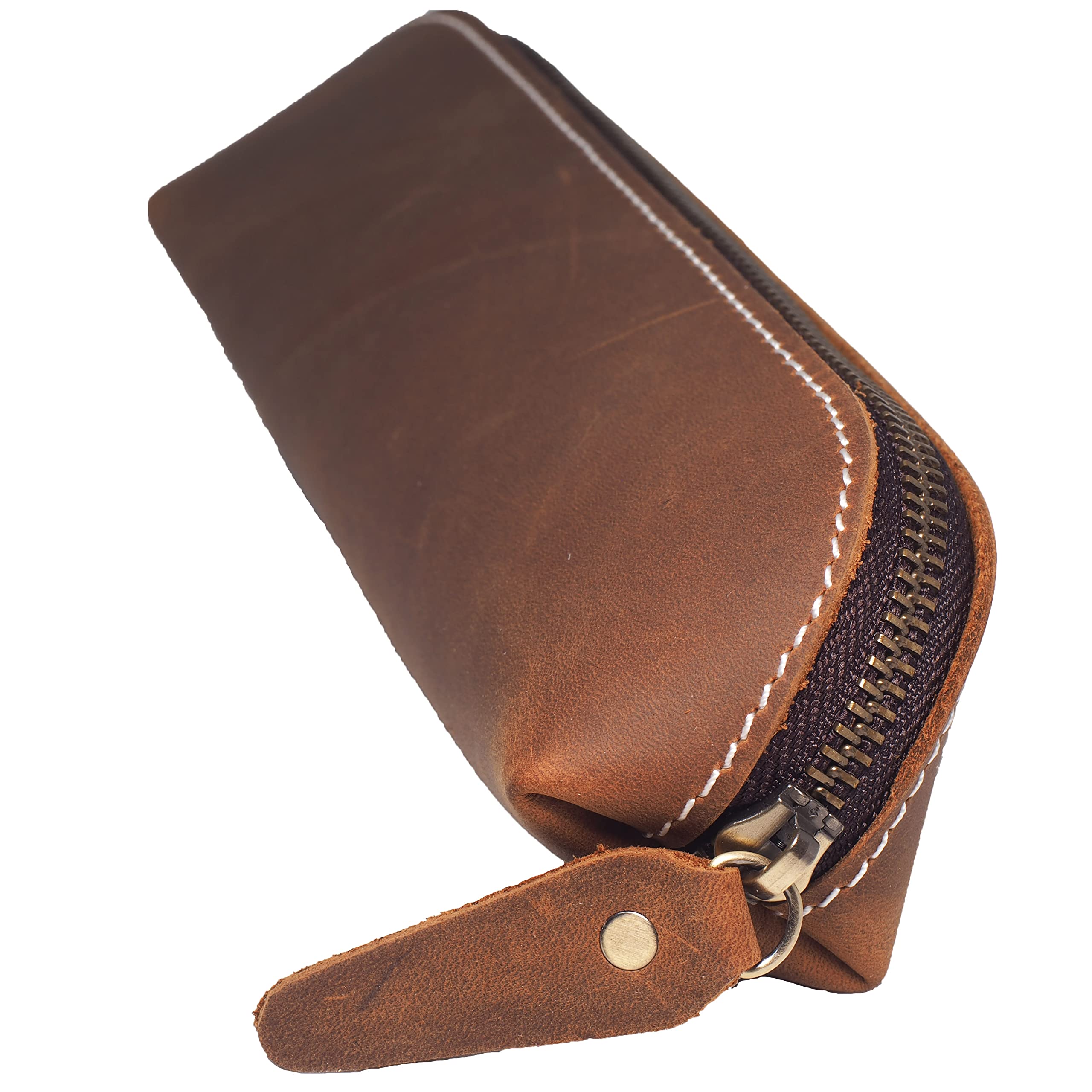BAWAKO Federmäppchen aus hochwertigem Leder, kompaktes schönes Stift Etui handgemacht mit Reißverschluss für Shüler Student,Kosmetiktasche,Schminktasche (Braun, L22)