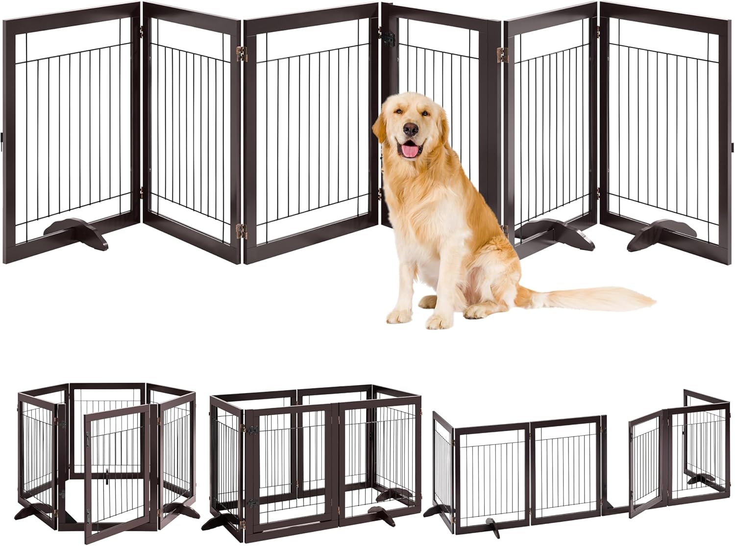 Yaheetech 148-inch Extra Wide Pet Gate for Dogs 34-inch Tall Dog Gate with Door Walk Through,Foldable Puppy Fence w/3 Support Feet,Freestanding Dog Gate for the House,Doorway,Stairs(Espresso,6 Panels) (148" W x 31" H Espresso) Thumbnail