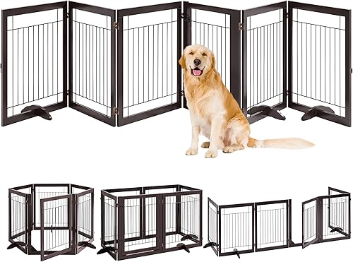 Yaheetech Puerta extra ancha para mascotas de 148 pulgadas con puerta independiente, 6 paneles de madera para perros, para puertas, valla plegable