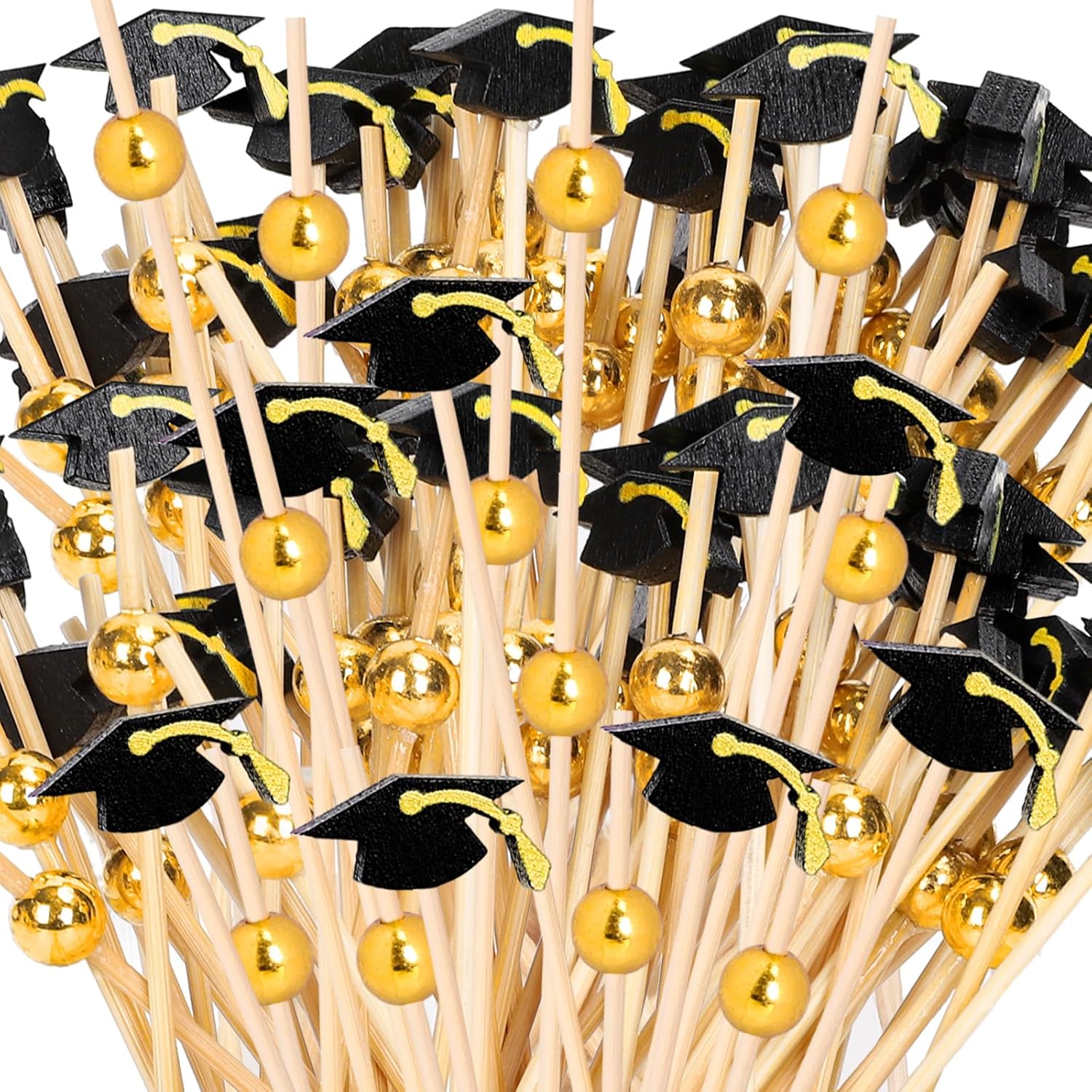 FYSUIMU 200 Pcs Graduation Cocktail Picks Black Grad Hat and Gold Bead Handmade Toothpicks Decorative Garnish Sticks for School Graduate Party Decor