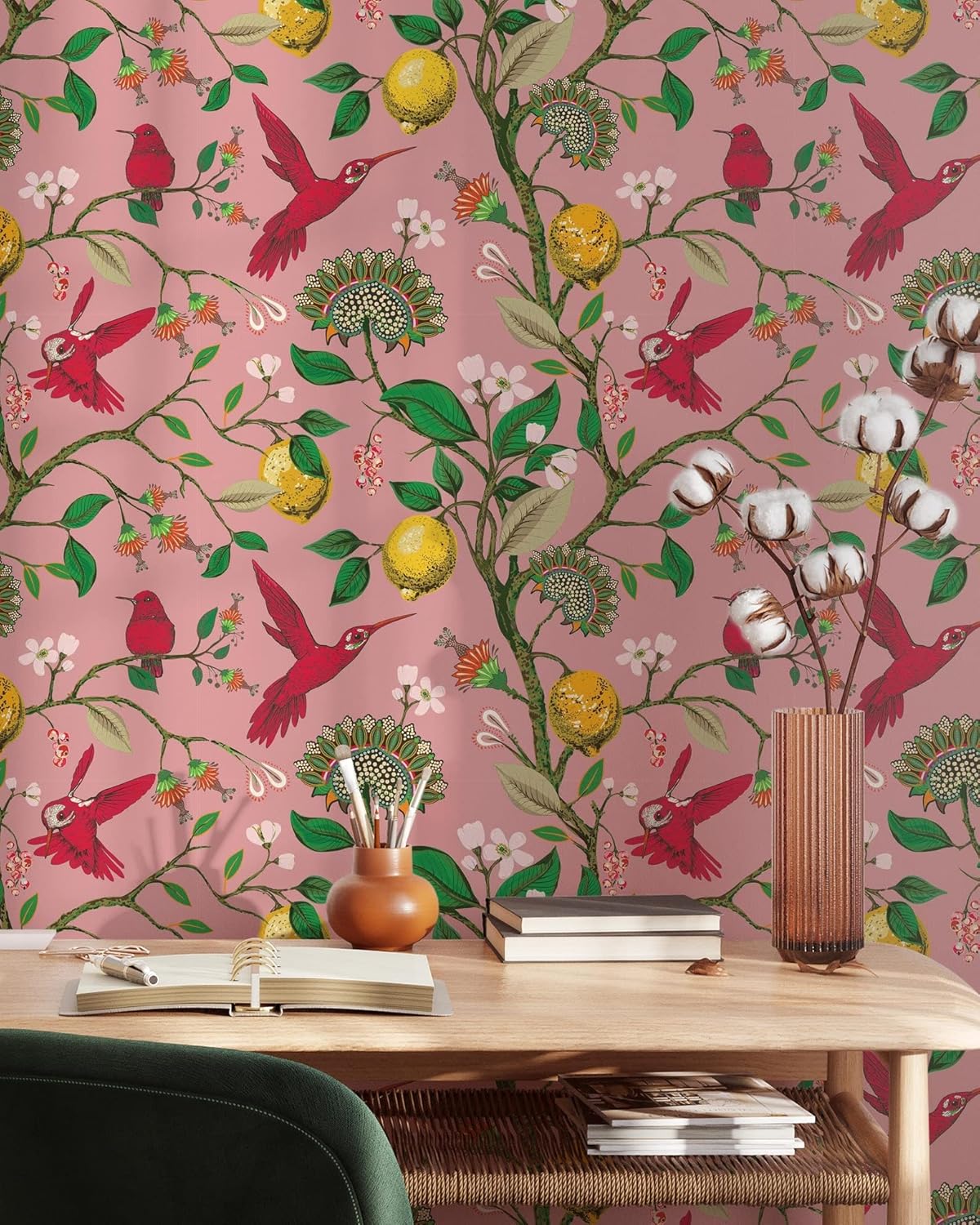 Pink Hummingbird and Lemon Tree Wallpaper | Removable Self Adhesive Birds Mural | Botanical Peel and Stick Wallpaper (1 roll 24 W x 48 H)