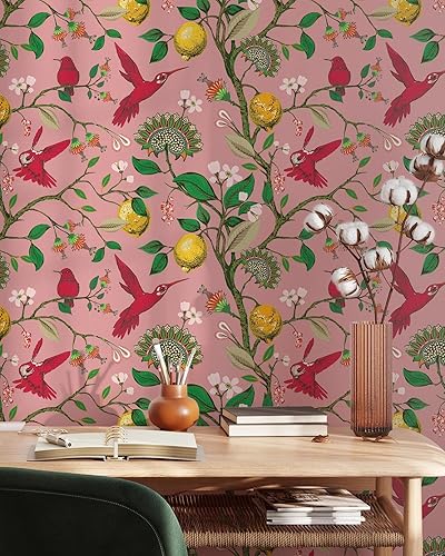 Papel tapiz rosa de colibrí y árbol de limón  Mural autoadhesivo extraíble de pájaros  Papel tapiz botánico para despegar y pegar (muestra de 12 disponible en Yaxa Costa Rica