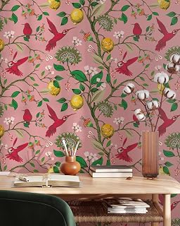 Pink Hummingbird and Lemon Tree Wallpaper | Removable Self Adhesive Birds Mural | Botanical Peel and Stick Wallpaper (Sample 12" W x 8" H)