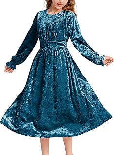 Girls Long Sleeve Velvet Dress Midi Fall Vintage Party Holiday Dresses for Kids 5-12Y - Buy now
