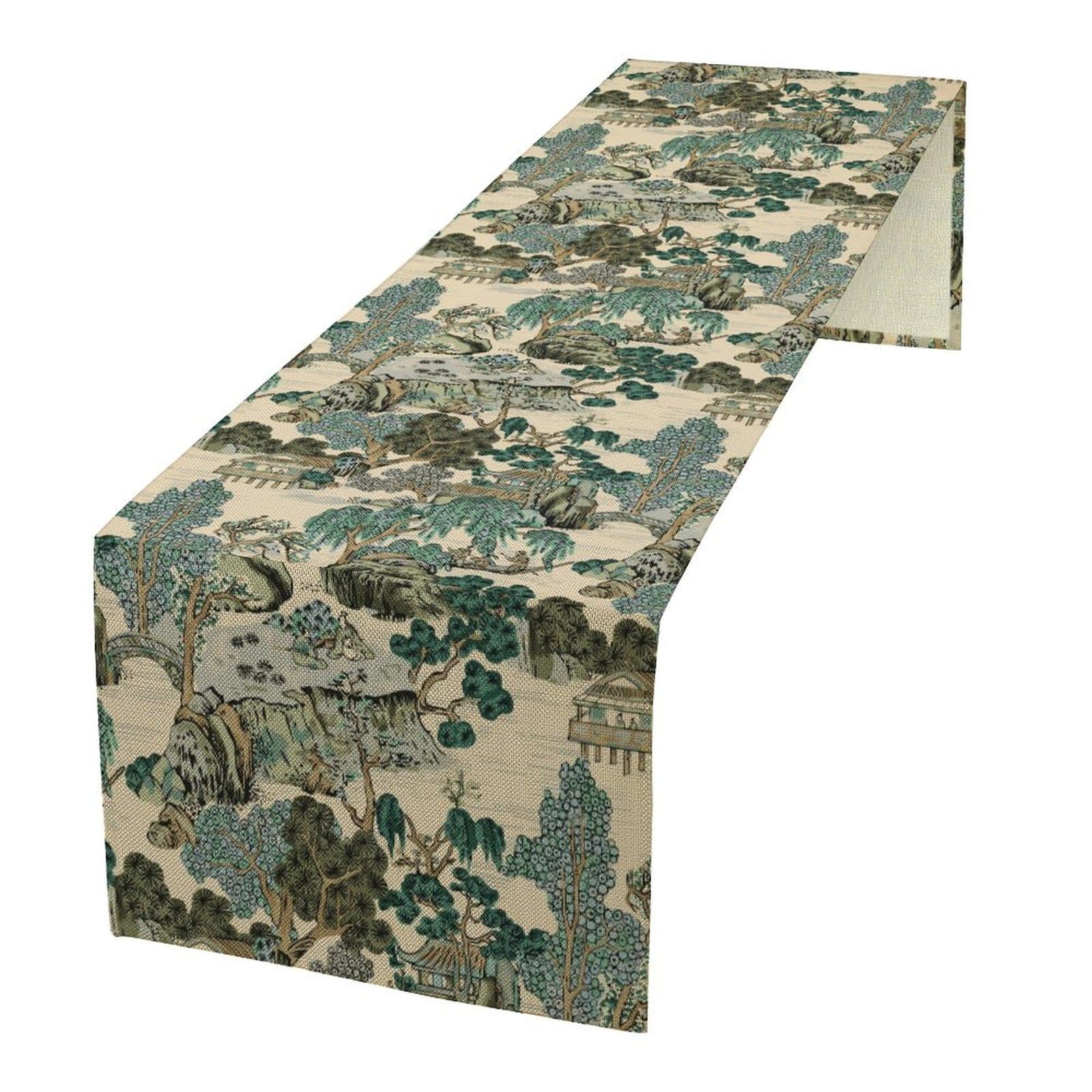 JanJCurt Asian Landscape Table Runner, Oriental Vintage Chinoiserie Green Teal Mountains Pine Trees Table Runner for Wedding Party Holiday Kitchen Dining Home Everyday Decor, 13x90inch